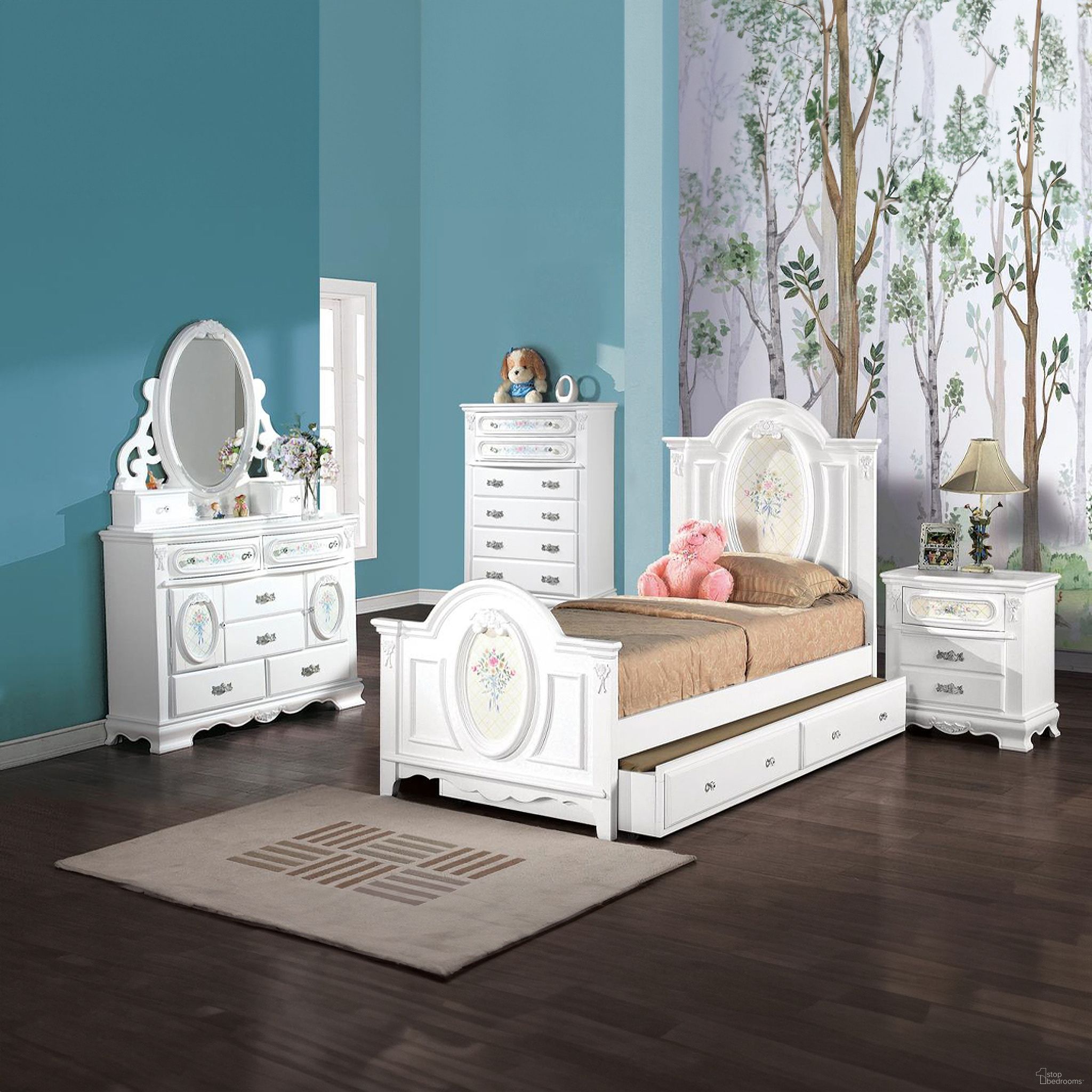 The appearance of Flora Youth Bedroom Set In White designed by ACME in the modern / contemporary interior design. This white piece of furniture was selected by 1StopBedrooms from Flora Collection to add a touch of cosiness and style into your home. Sku: BD01644F1;BD01644F2;BD01644F3;BD01639. Bed Type: Panel Bed. Material: Wood. Bed Size: Twin.