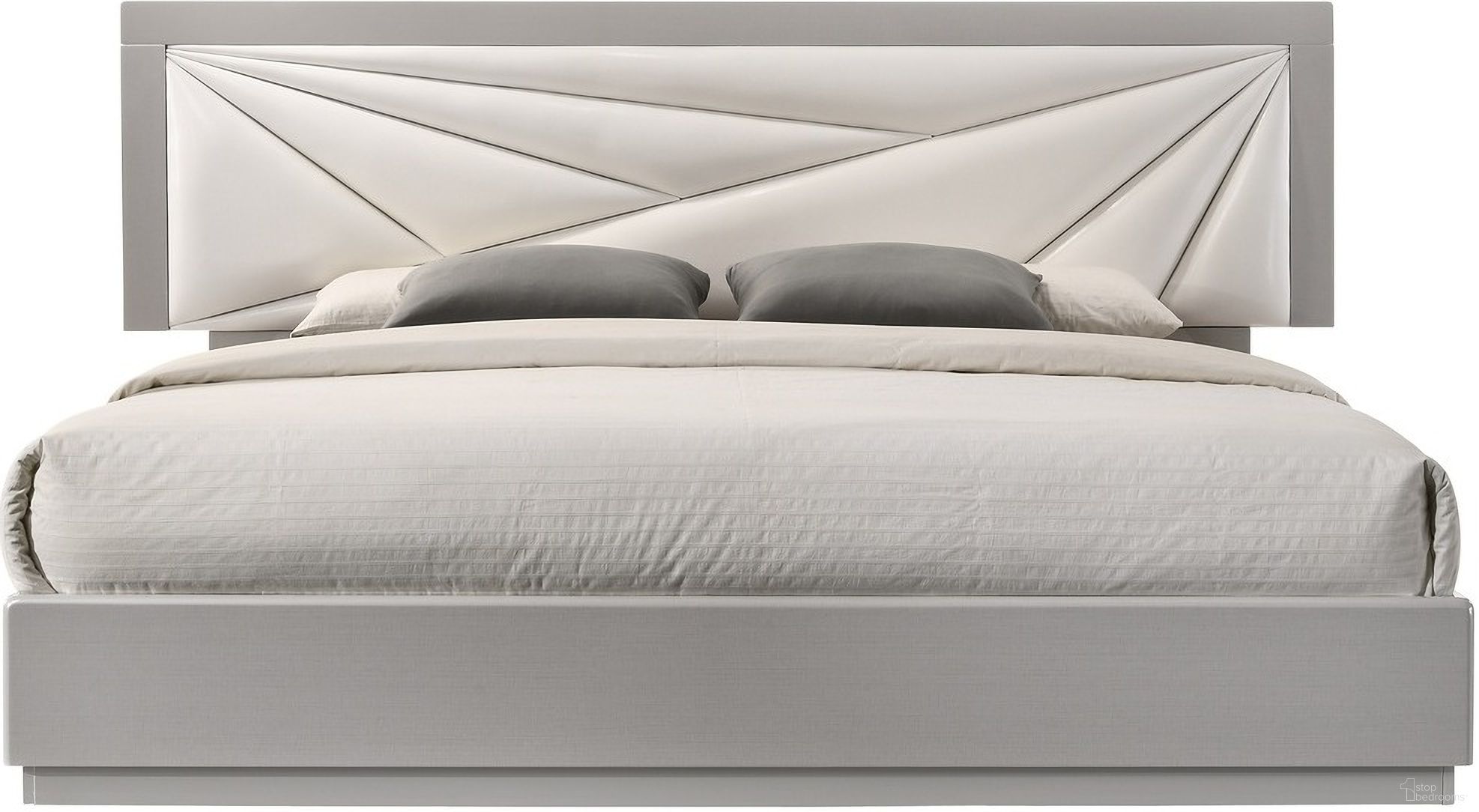 The appearance of Florence White and Light Grey Lacquer Queen Platform Bed designed by J&M in the modern / contemporary interior design. This white piece of furniture  was selected by 1StopBedrooms from Florence Collection to add a touch of cosiness and style into your home. Sku: 17852-Q. Bed Type: Platform Bed. Material: Leather. Bed Size: Queen.
