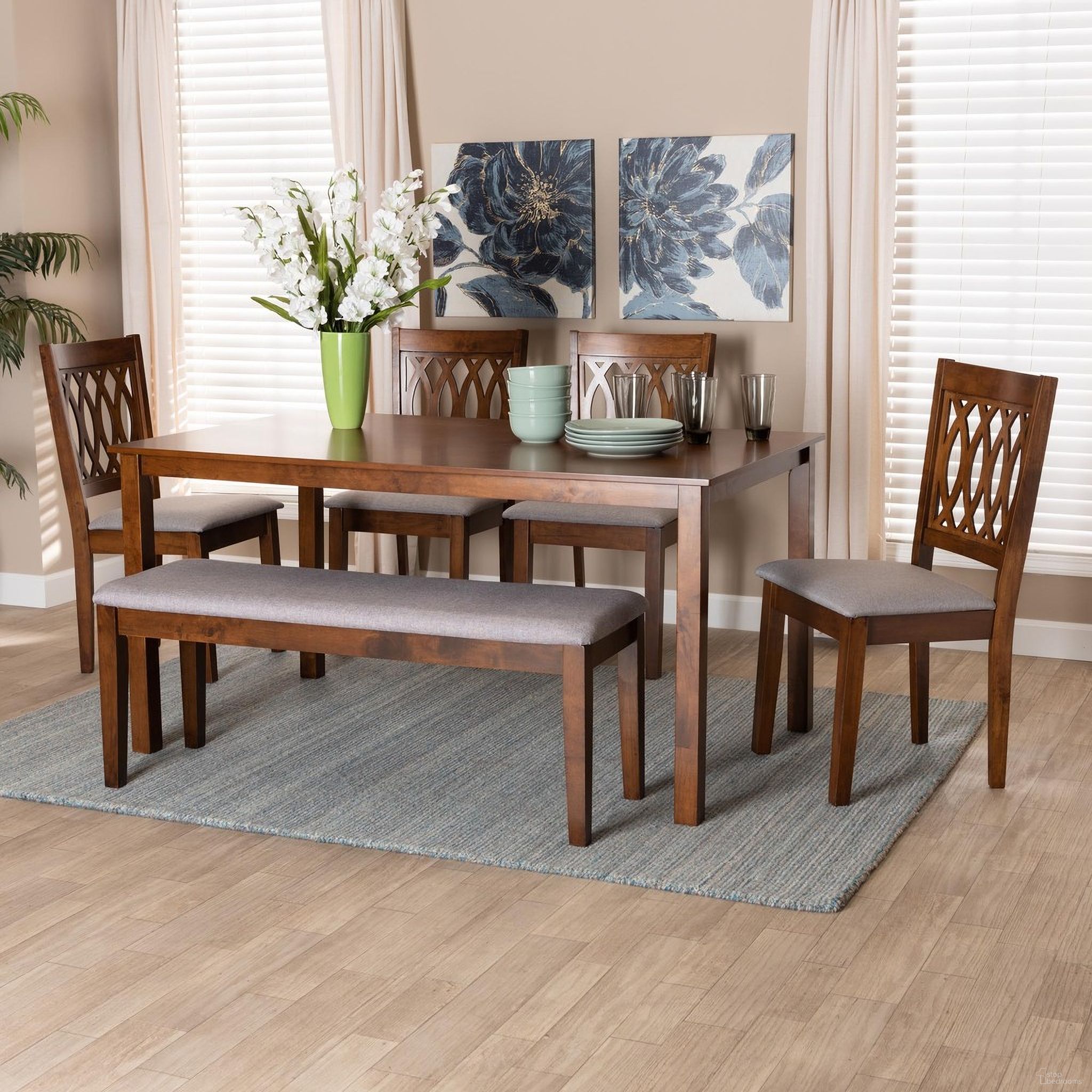 The appearance of Florencia Fabric and Wood 6 Piece Dining Set In Grey and Walnut Brown designed by Baxton Studio in the modern / contemporary interior design. This grey and walnut piece of furniture  was selected by 1StopBedrooms from Florencia Collection to add a touch of cosiness and style into your home. Sku: RH388C-Grey/Walnut-6PC Dining Set. Material: MDF.