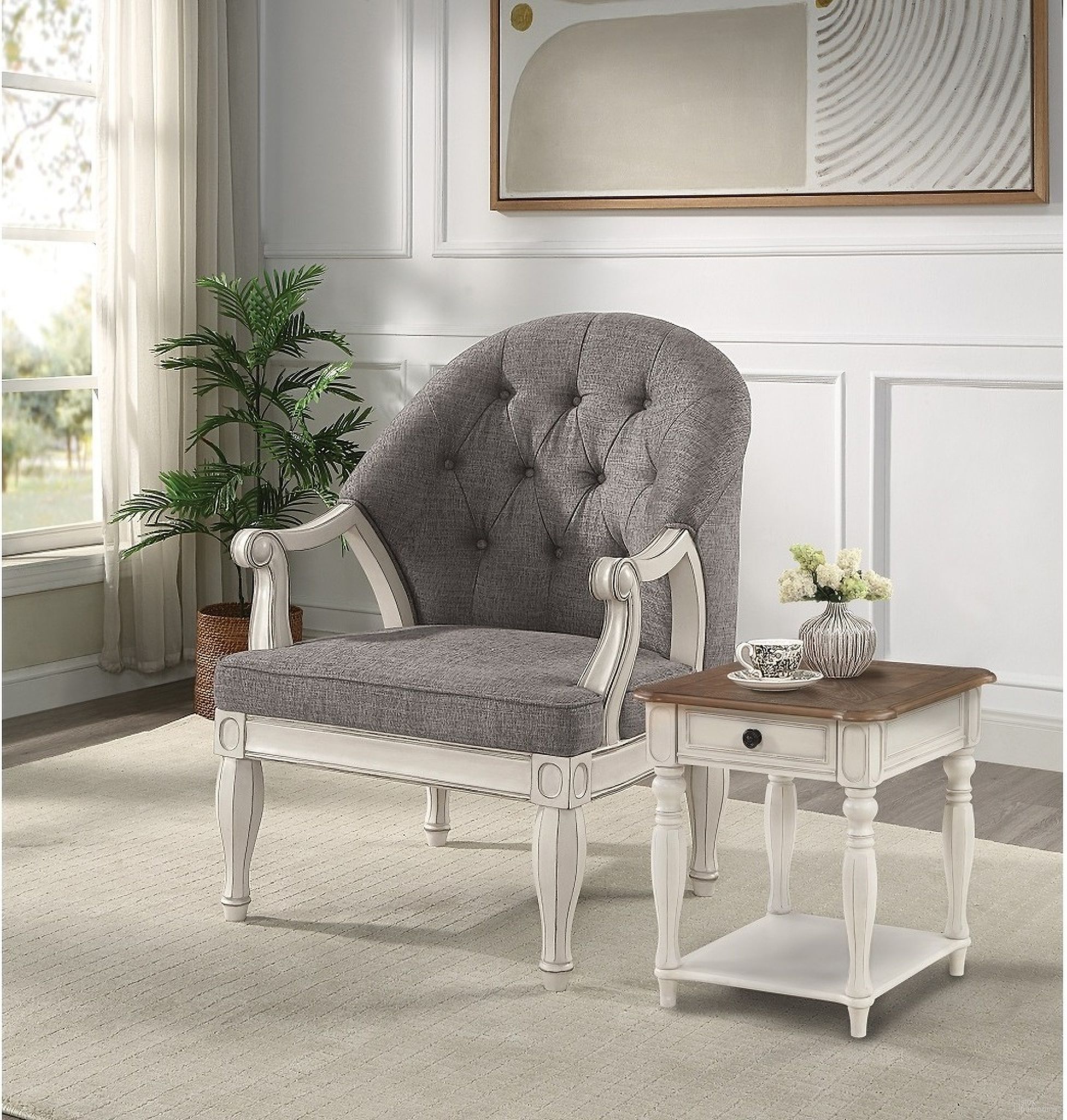 The appearance of Florian Chair In Gray and White designed by ACME in the traditional interior design. This gray and white piece of furniture was selected by 1StopBedrooms from Florian Collection to add a touch of cosiness and style into your home. Sku: LV02121. Material: Wood.