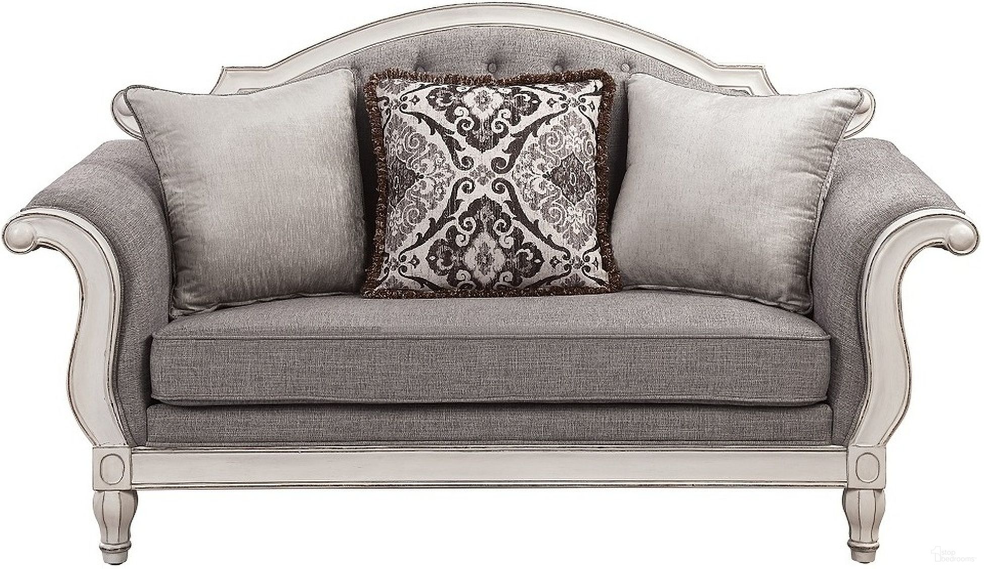 The appearance of Florian Loveseat With 3 Pillows In Gray and White designed by ACME in the traditional interior design. This gray and white piece of furniture was selected by 1StopBedrooms from Florian Collection to add a touch of cosiness and style into your home. Sku: LV02120. Material: Wood.