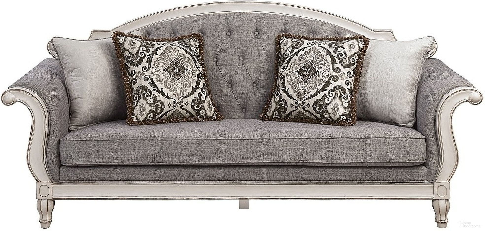 The appearance of Florian Sofa With 4 Pillows In Gray and White designed by ACME in the traditional interior design. This gray and white piece of furniture was selected by 1StopBedrooms from Florian Collection to add a touch of cosiness and style into your home. Sku: LV02119. Material: Wood.