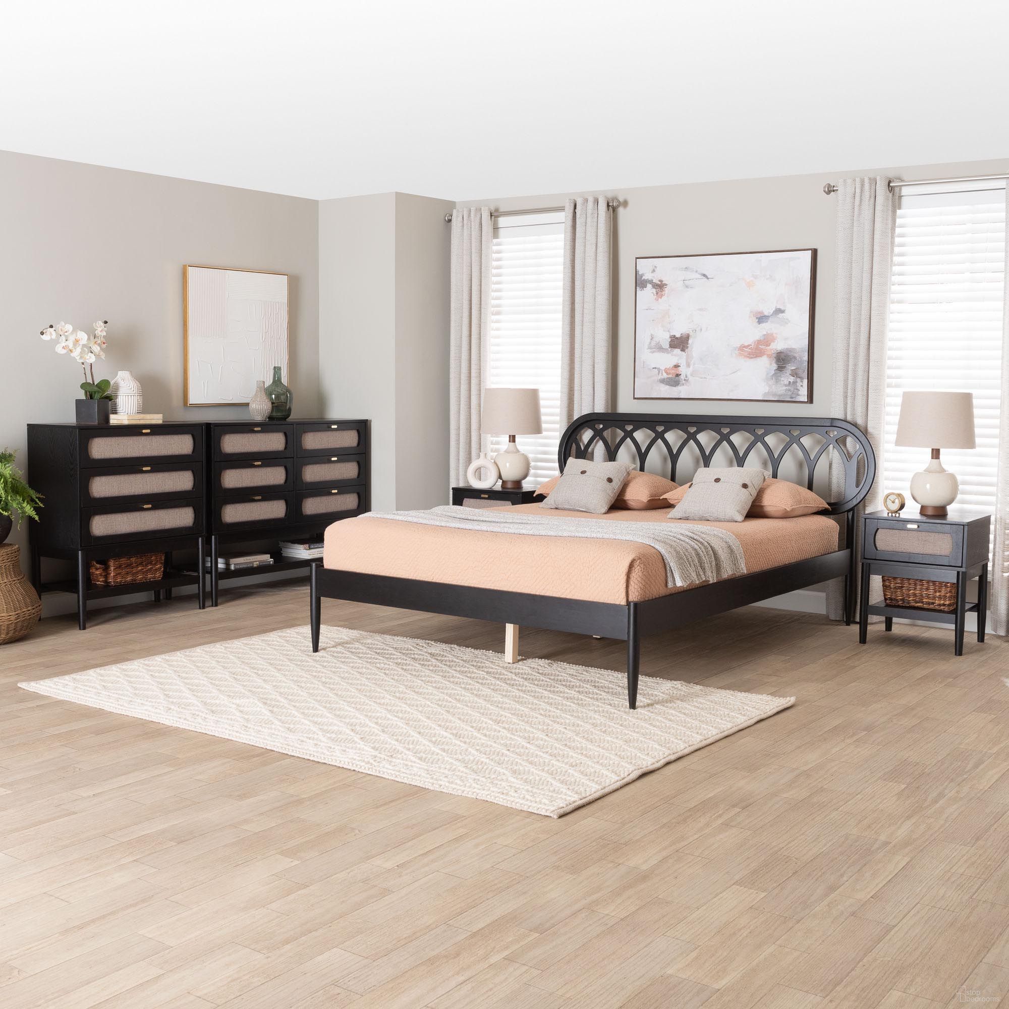 The appearance of Florica Wood Queen 5-Piece Bedroom Set In Black and Beige designed by Baxton Studio in the modern / contemporary interior design. This black and beige piece of furniture was selected by 1StopBedrooms from Florica Collection to add a touch of cosiness and style into your home. Sku: Shelby-Sand Stone/Black-Queen-5PC Bedroom Set. Bed Size: Queen. Material: Solid Rubberwood.