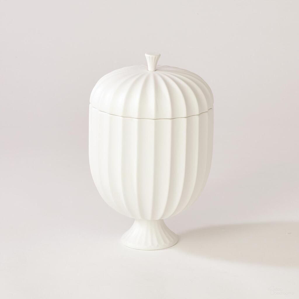 The appearance of Flute Tall Lidded Vessel In White designed by Global Views in the modern / contemporary interior design. This white piece of furniture  was selected by 1StopBedrooms from Flute Collection to add a touch of cosiness and style into your home. Sku: WDSEH1004-GV. Material: Ceramic.