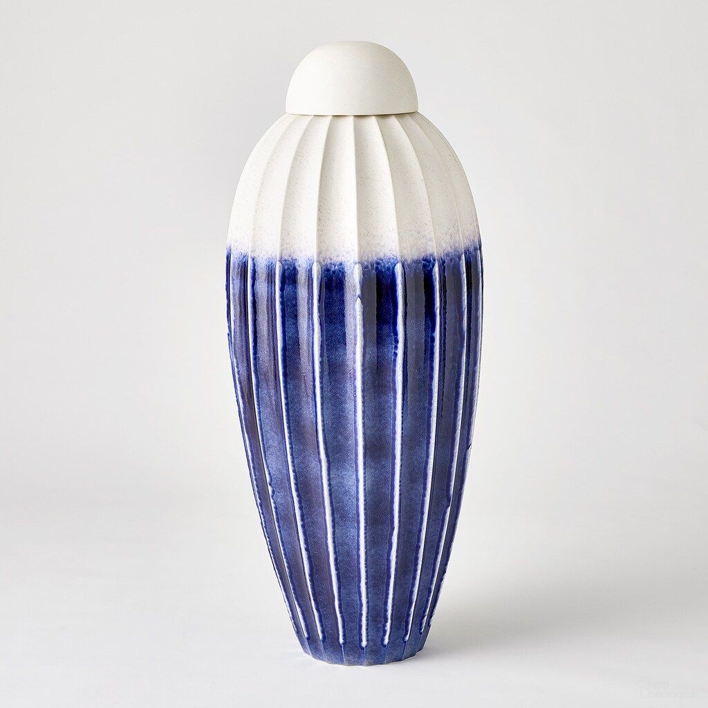 The appearance of Fluted Large Jar with Lid In Cobalt designed by Global Views in the modern / contemporary interior design. This cobalt piece of furniture  was selected by 1StopBedrooms from Fluted Collection to add a touch of cosiness and style into your home. Sku: 110951. Material: Glass.