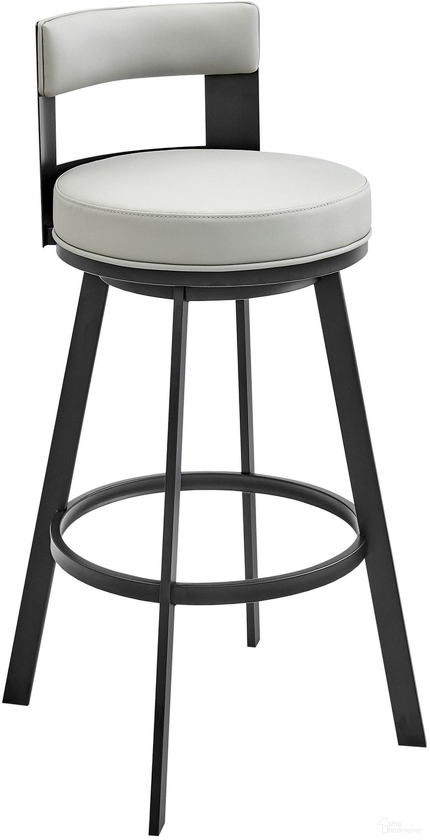Flynn 26 Inch Swivel Counter Stool In Black Metal with Light Gray Faux Leather