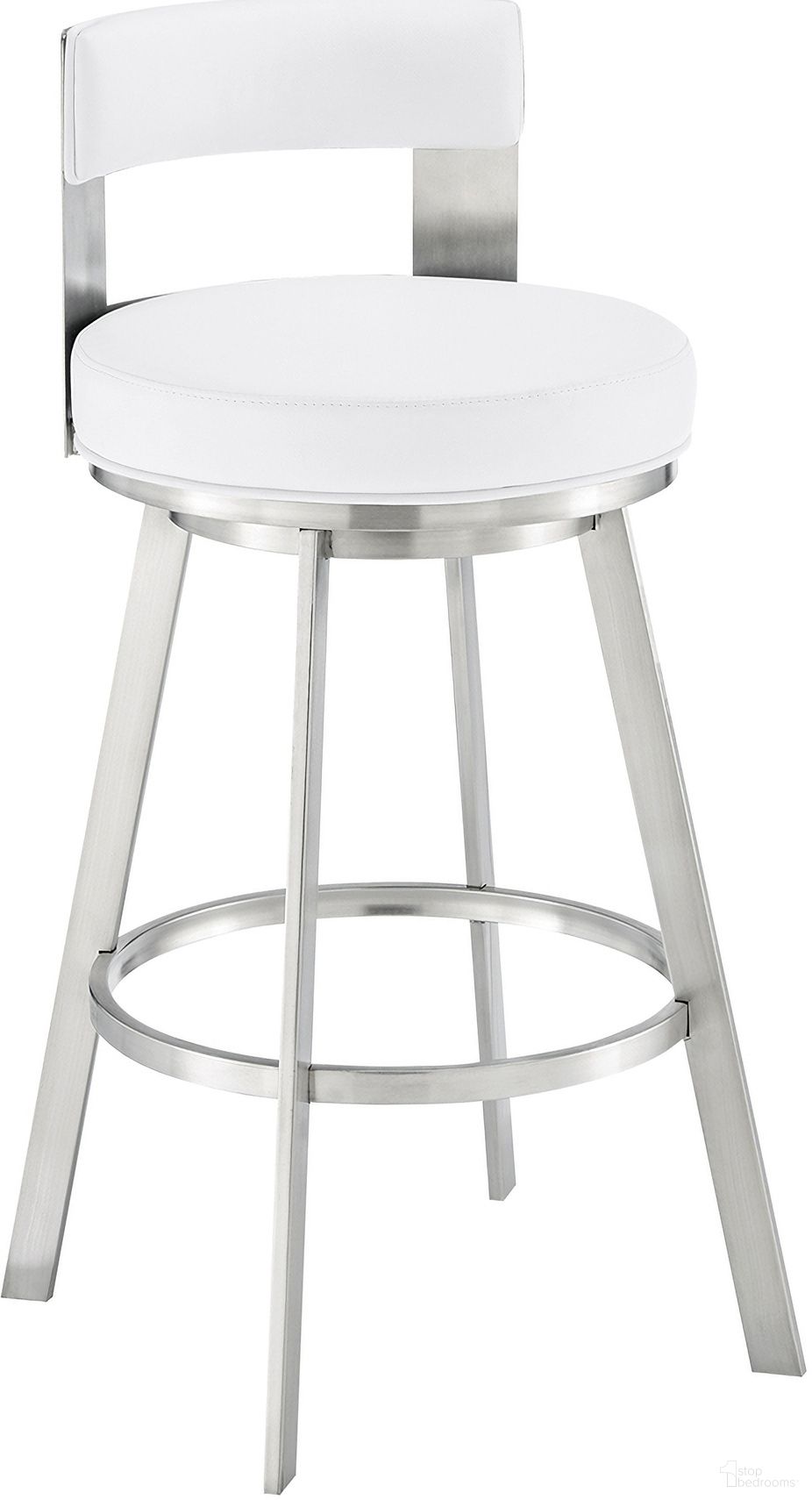 The appearance of Flynn 26 Inch Swivel Counter Stool In Brushed Stainless Steel with White Faux Leather designed by Armen Living in the modern / contemporary interior design. This white piece of furniture was selected by 1StopBedrooms from Flynn Collection to add a touch of cosiness and style into your home. Sku: LCFLBABSWHI26. Material: Faux Leather.
