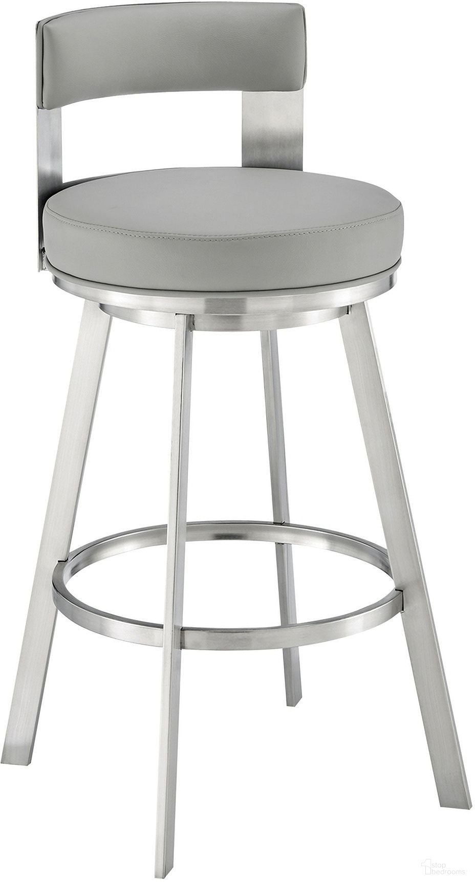 The appearance of Flynn 30 Inch Swivel Bar Stool In Brushed Stainless Steel with Light Gray Faux Leather designed by Armen Living in the modern / contemporary interior design. This light gray piece of furniture  was selected by 1StopBedrooms from Flynn Collection to add a touch of cosiness and style into your home. Sku: LCFLBABSLGRY30. Material: Faux Leather.