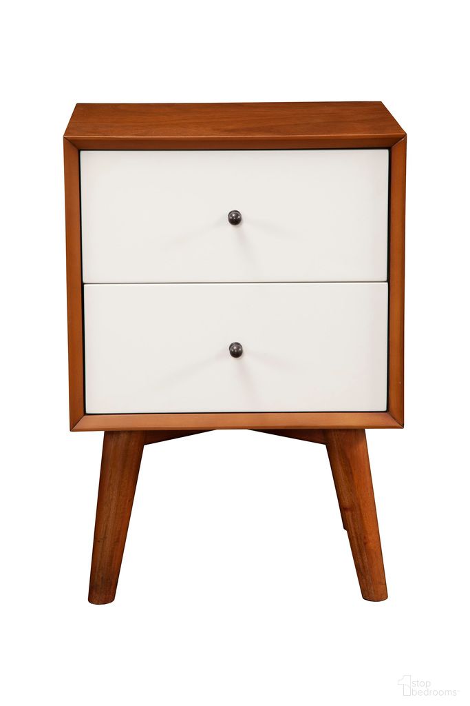 The appearance of Flynn 2 Drawer Two Tone Nightstand In Chestnut and White designed by Alpine in the transitional interior design. This chestnut/white piece of furniture  was selected by 1StopBedrooms from Flynn Collection to add a touch of cosiness and style into your home. Sku: 999-02. Material: Mahogany.