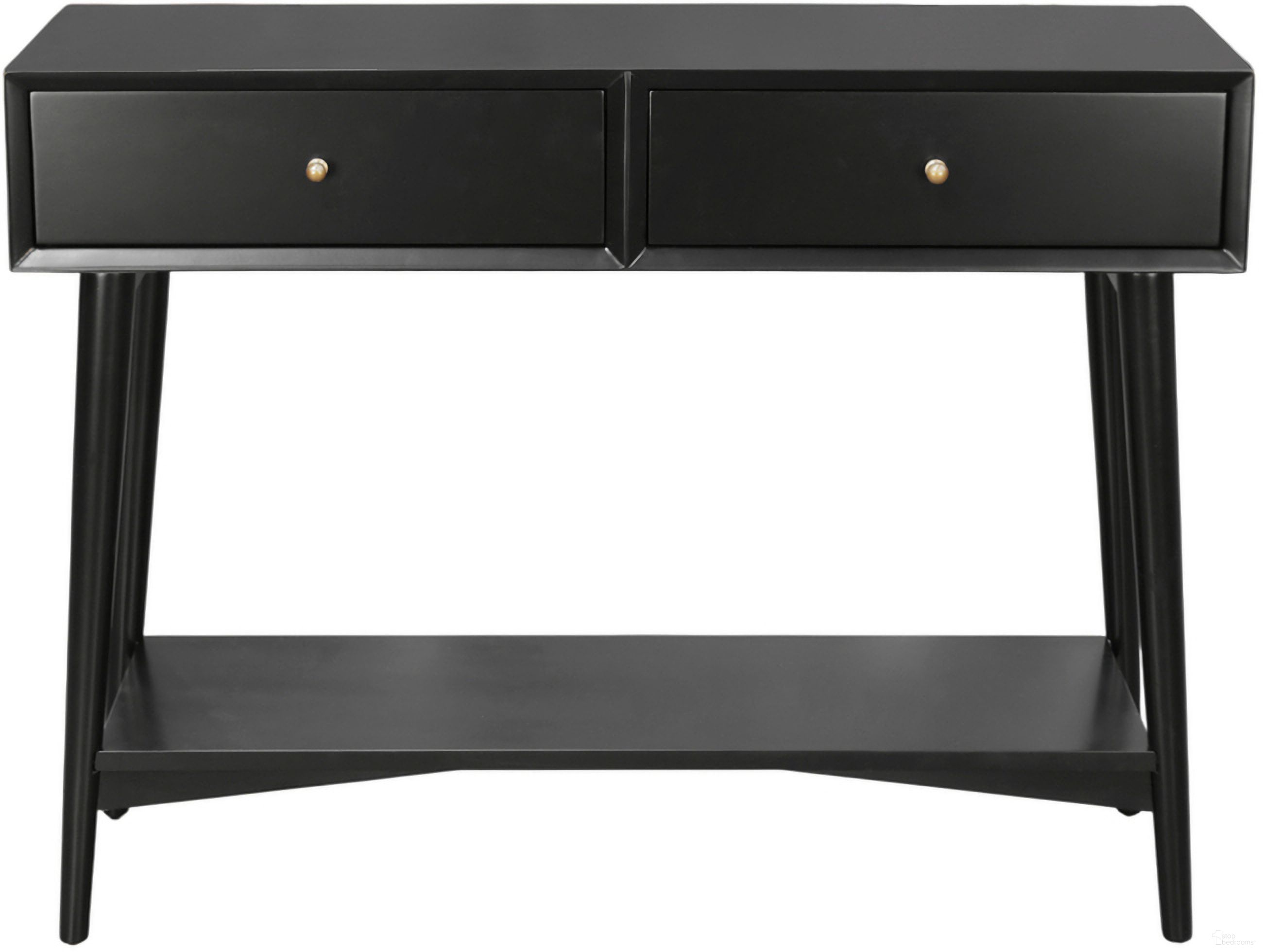 The appearance of Flynn 32.5 Inch Console Table In Black designed by Alpine in the transitional interior design. This black piece of furniture was selected by 1StopBedrooms from Flynn Collection to add a touch of cosiness and style into your home. Sku: 966BLK-93. Material: Mahogany.