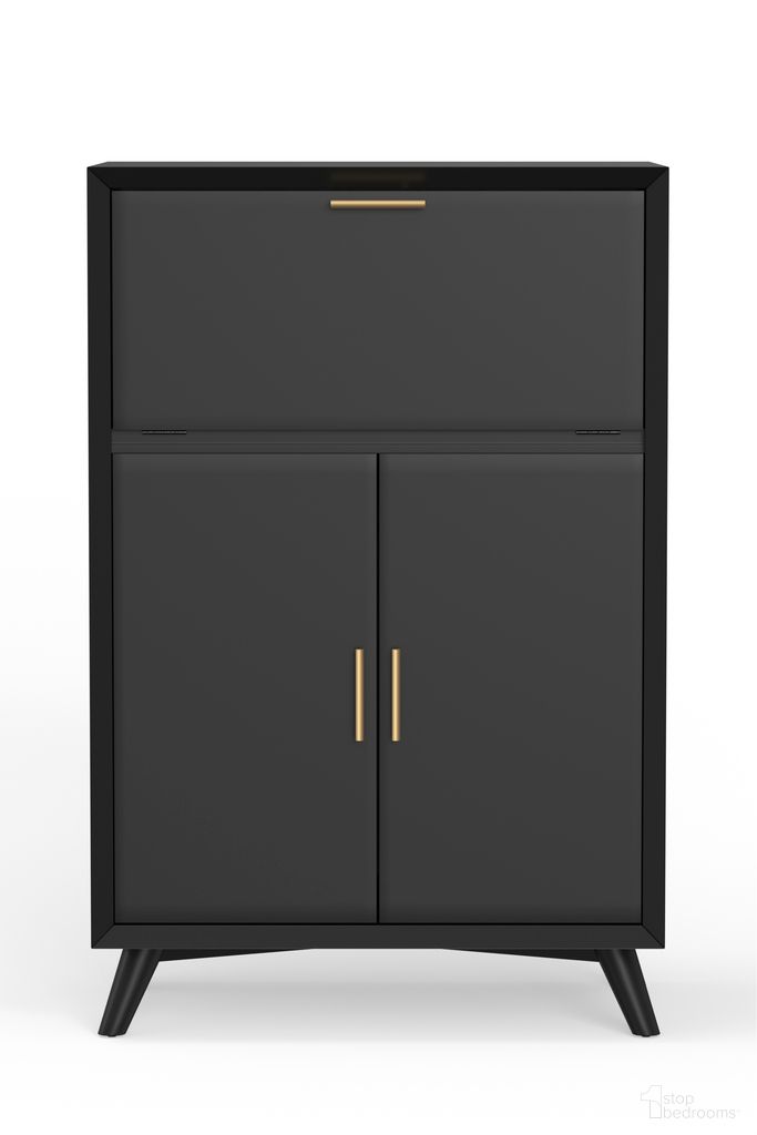 The appearance of Flynn Large Bar Cabinet with Drop Down Tray In Black designed by Alpine in the transitional interior design. This black piece of furniture  was selected by 1StopBedrooms from Flynn Collection to add a touch of cosiness and style into your home. Sku: 966BLK-16. Material: Mahogany.