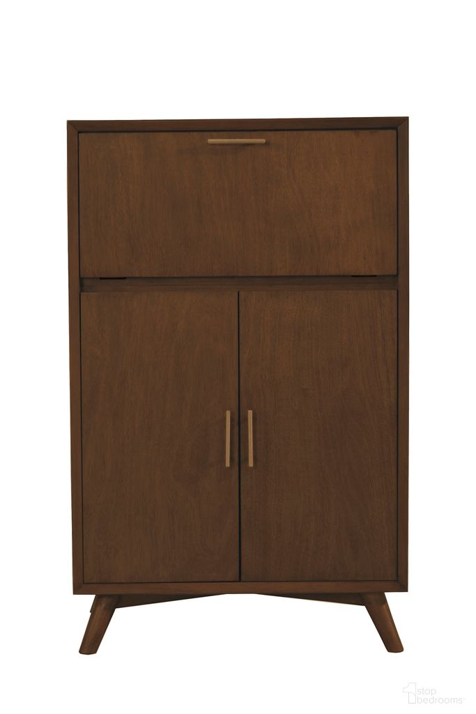 The appearance of Flynn Large Bar Cabinet with Drop Down Tray In Walnut designed by Alpine in the transitional interior design. This walnut piece of furniture  was selected by 1StopBedrooms from Flynn Collection to add a touch of cosiness and style into your home. Sku: 966WAL-16. Material: Mahogany.