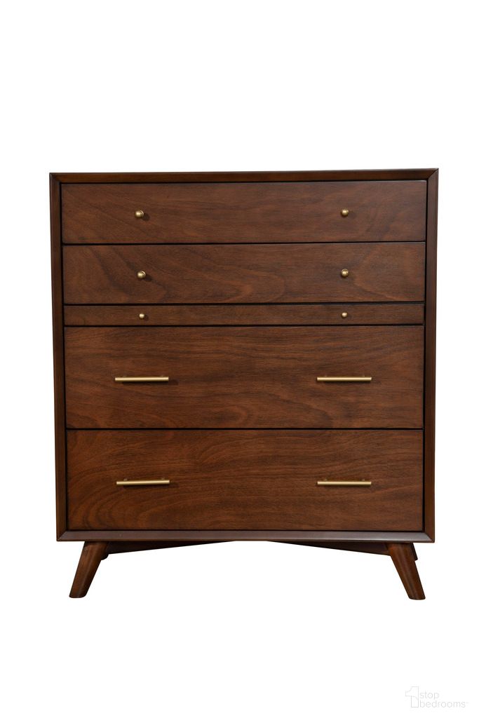 The appearance of Flynn 4 Drawer Multifunction Chest with Pull Out Tray In Walnut designed by Alpine in the transitional interior design. This walnut piece of furniture  was selected by 1StopBedrooms from Flynn Collection to add a touch of cosiness and style into your home. Sku: 966WAL-05. Material: Mahogany.