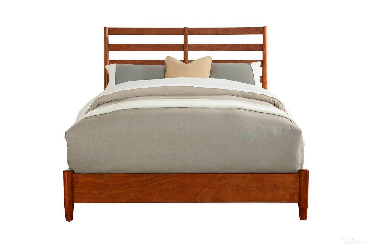 The appearance of Flynn Retro Queen Bed with Slat Back Headboard In Chestnut designed by Alpine in the transitional interior design. This chestnut piece of furniture was selected by 1StopBedrooms from Flynn Collection to add a touch of cosiness and style into your home. Sku: 1066-21Q. Bed Size: Queen. Material: Mahogany.