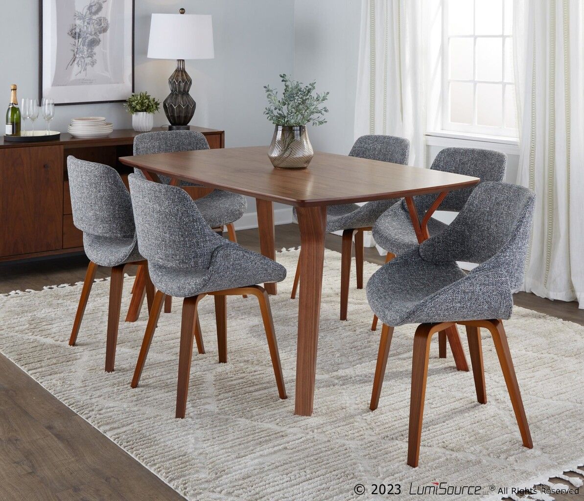 The appearance of Folia Fabrico Dining Set In Walnut and Grey designed by Lumisource in the transitional interior design. This walnut and grey piece of furniture  was selected by 1StopBedrooms from Folia Collection to add a touch of cosiness and style into your home. Sku: DT-6638FOLIA WLCL;CH-FBCONL WLGY2. Table Base Style: Legs. Table Top Shape: Rectangular. Material: Foam.