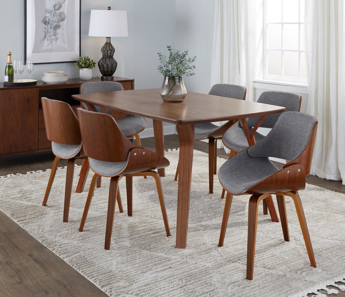 The appearance of Folia Fabrizzi Dining Set In Walnut and Grey designed by Lumisource in the transitional interior design. This walnut and grey piece of furniture was selected by 1StopBedrooms from Folia Collection to add a touch of cosiness and style into your home. Sku: DT-FOLIA6338 WL;CH-FBZZNL WL+GY. Table Base Style: Legs. Table Top Shape: Rectangular. Material: Foam.