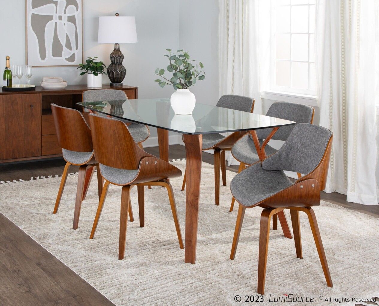 The appearance of Folia Fabrizzi Dining Set with Clear Tempered Glass In Walnut and Grey designed by Lumisource in the transitional interior design. This walnut and grey piece of furniture  was selected by 1StopBedrooms from Folia Collection to add a touch of cosiness and style into your home. Sku: DT-6638FOLIA WLCL;CH-FBZZNL WL+GY. Table Base Style: Legs. Table Top Shape: Rectangular. Material: Foam.