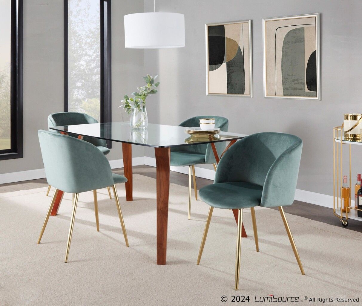 The appearance of Folia-Fran Dining Set with Tabletop In Walnut and Sage Green designed by Lumisource in the transitional interior design. This walnut/sage green piece of furniture  was selected by 1StopBedrooms from Folia Collection to add a touch of cosiness and style into your home. Sku: DT-6638FOLIA WLCL;CH-FRAN AUVLGN2. Table Base Style: Legs. Material: Glass. Table Top Shape: Rectangular.