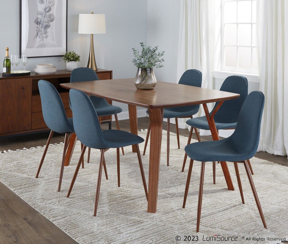 The appearance of Folia Pebble Dining Set with Clear Tempered Glass In Blue and Walnut designed by Lumisource in the transitional interior design. This blue and walnut piece of furniture  was selected by 1StopBedrooms from Folia Collection to add a touch of cosiness and style into your home. Sku: DT-6638FOLIA WLCL;CH-PEB WL+BU2. Table Base Style: Legs. Table Top Shape: Rectangular. Material: Foam.