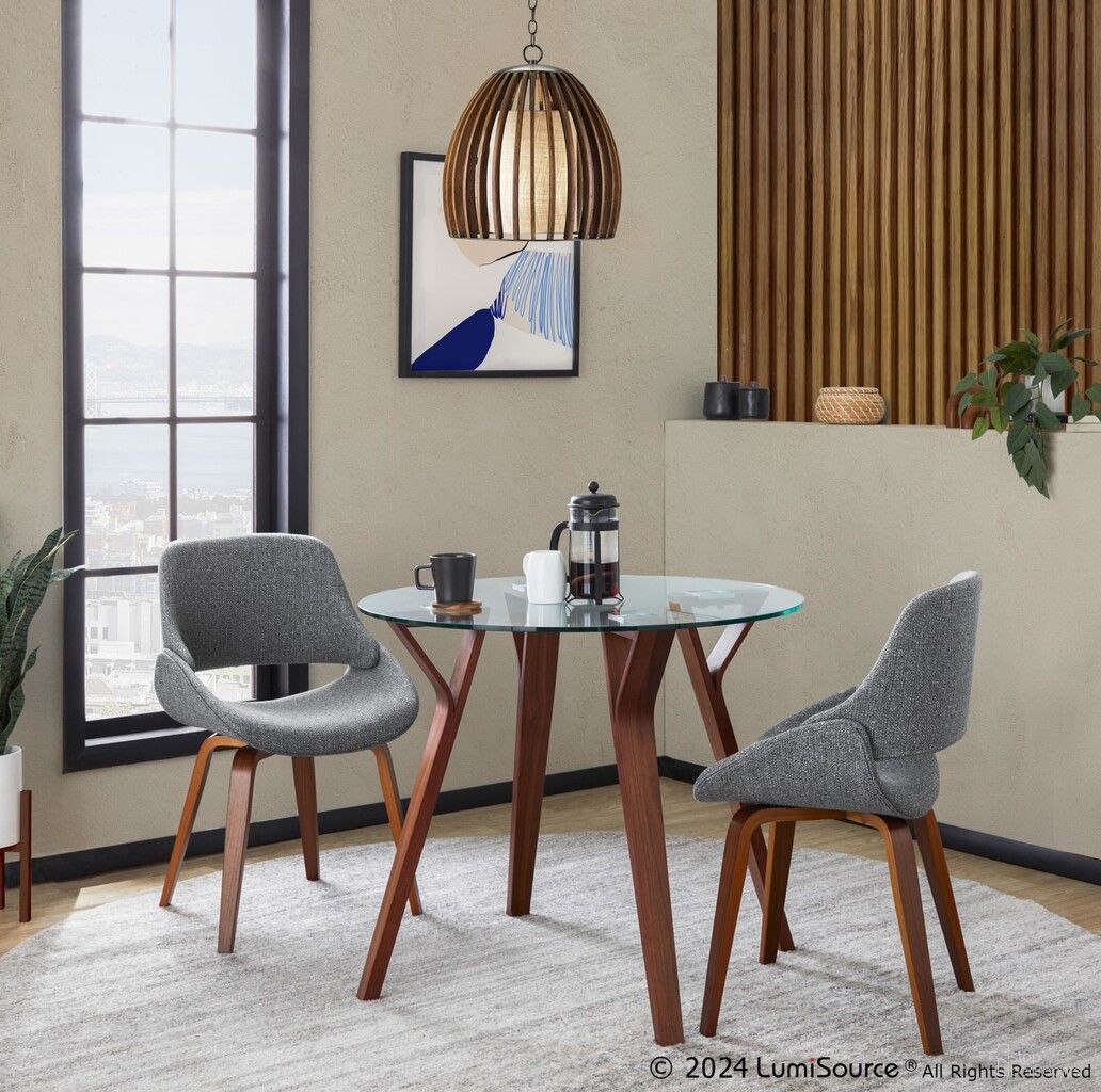 The appearance of Folia Round Fabrico Dining Set with Round Clear Tempered Glass In Walnut and Grey designed by Lumisource in the transitional interior design. This walnut and grey piece of furniture  was selected by 1StopBedrooms from Folia Collection to add a touch of cosiness and style into your home. Sku: DT-FOLIA RND WLCL;CH-FBCONL WLGY2. Table Base Style: Legs. Table Top Shape: Round. Material: Foam.
