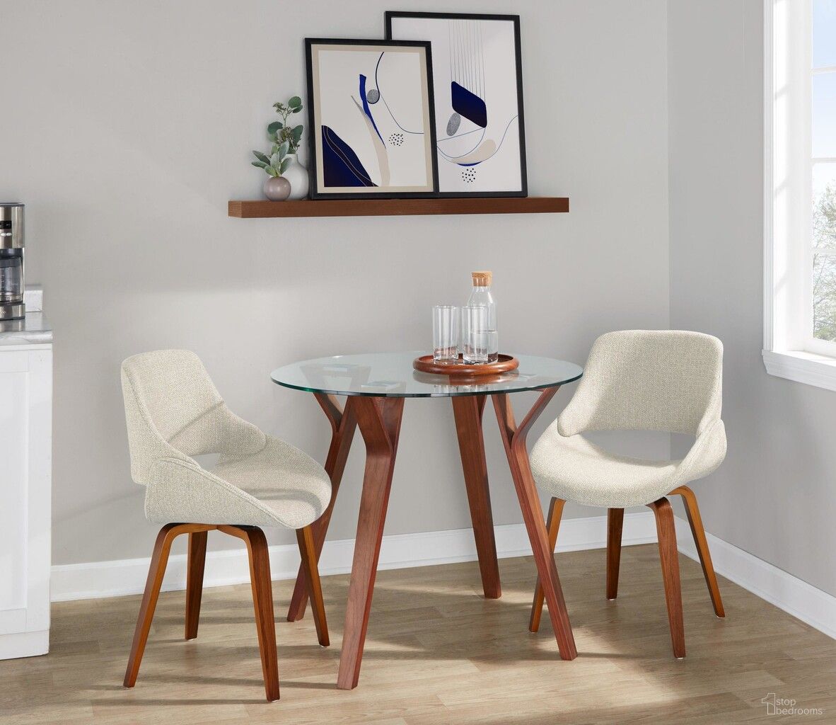 The appearance of Folia Round Fabrico Dining Set with Round Glass Tabletop In Cream and Walnut designed by Lumisource in the transitional interior design. This cream/walnut piece of furniture was selected by 1StopBedrooms from Folia Collection to add a touch of cosiness and style into your home. Sku: DT-FOLIA RND WLCL;CH-FBCONL WL+CR2. Table Base Style: Legs. Table Top Shape: Round. Material: Glass.