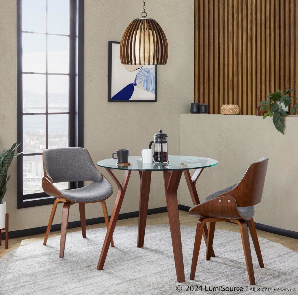 The appearance of Folia Round Fabrizzi Dining Set with Round Clear Tempered Glass In Walnut and Grey designed by Lumisource in the transitional interior design. This walnut and grey piece of furniture was selected by 1StopBedrooms from Folia Collection to add a touch of cosiness and style into your home. Sku: DT-FOLIA RND WLCL;CH-FBZZNL WL+GY. Table Base Style: Legs. Table Top Shape: Round. Material: Foam.