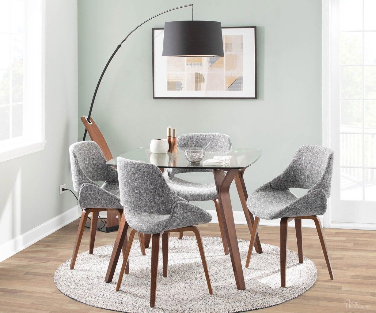 The appearance of Folia Square Fabrico Dining Set with Round Clear Tempered Glass In Walnut and Grey designed by Lumisource in the transitional interior design. This walnut and grey piece of furniture  was selected by 1StopBedrooms from Folia Collection to add a touch of cosiness and style into your home. Sku: DT-FOLIA WL+CL;CH-FBCONL WLGY2. Table Base Style: Legs. Table Top Shape: Square. Material: Foam.