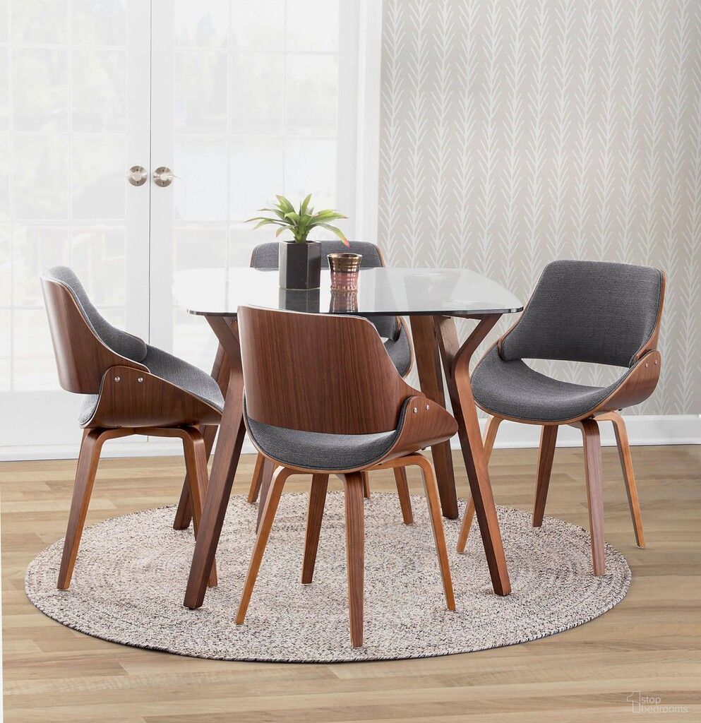 The appearance of Folia Square Fabrizzi Dining Set with Round Clear Tempered Glass In Walnut and Grey designed by Lumisource in the transitional interior design. This walnut and grey piece of furniture  was selected by 1StopBedrooms from Folia Collection to add a touch of cosiness and style into your home. Sku: DT-FOLIA WL+CL;CH-FBZZNL WL+GY. Table Base Style: Legs. Table Top Shape: Square. Material: Foam.