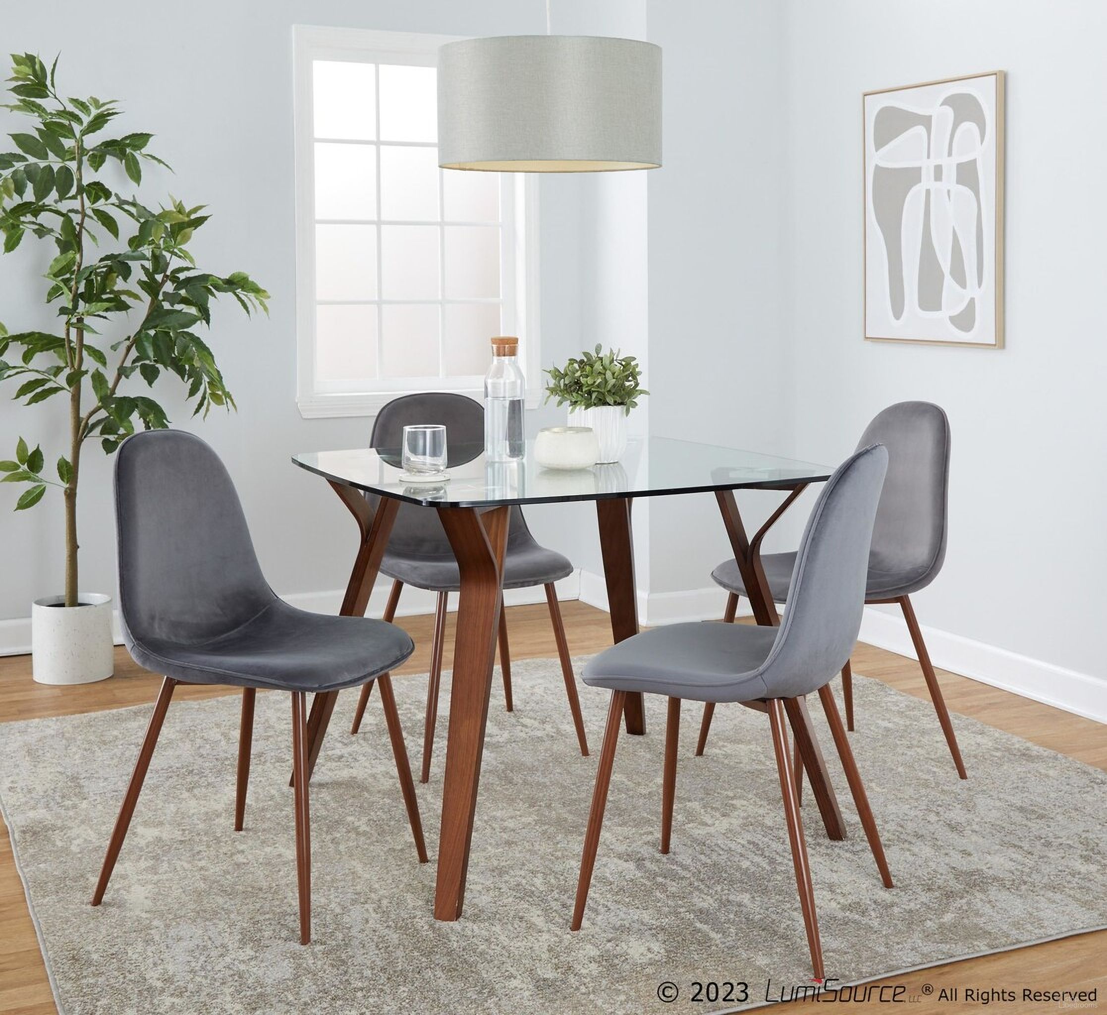 The appearance of Folia Square Pebble 5 Piece Dining Set In Grey Velvet designed by Lumisource in the transitional interior design. This grey velvet piece of furniture  was selected by 1StopBedrooms from Folia Collection to add a touch of cosiness and style into your home. Sku: DS5-FOLIASQWLCL+4PEBWLVGY. Material: Wood.