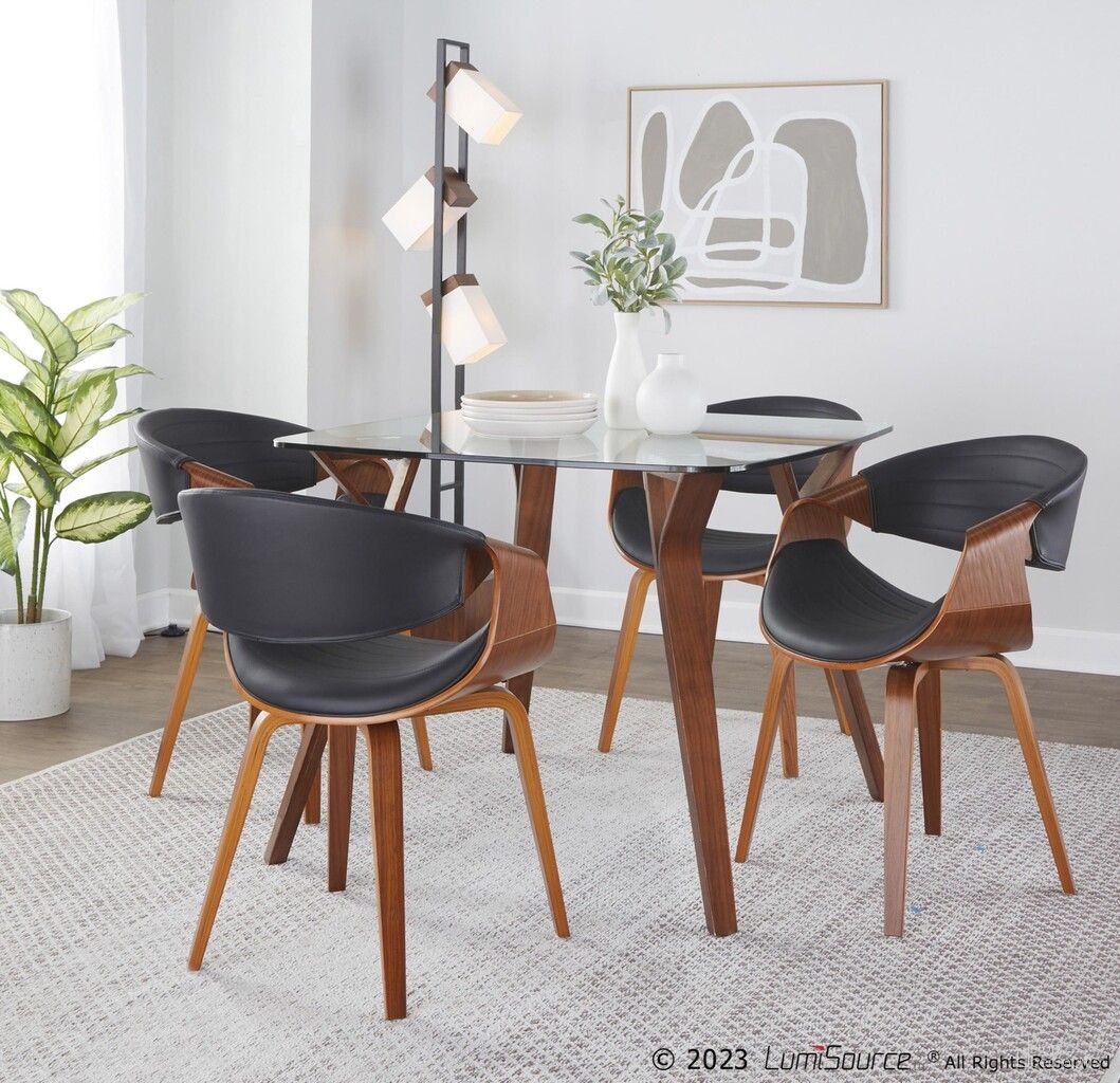 The appearance of Folia-Symphony Square Dining Set with Square Glass Tabletop and Faux Leather In Walnut and Black designed by Lumisource in the transitional interior design. This walnut and black piece of furniture  was selected by 1StopBedrooms from Folia Collection to add a touch of cosiness and style into your home. Sku: DT-FOLIA WL+CL;CH-SYMP WL+BK. Table Base Style: Legs. Table Top Shape: Square. Material: Glass.