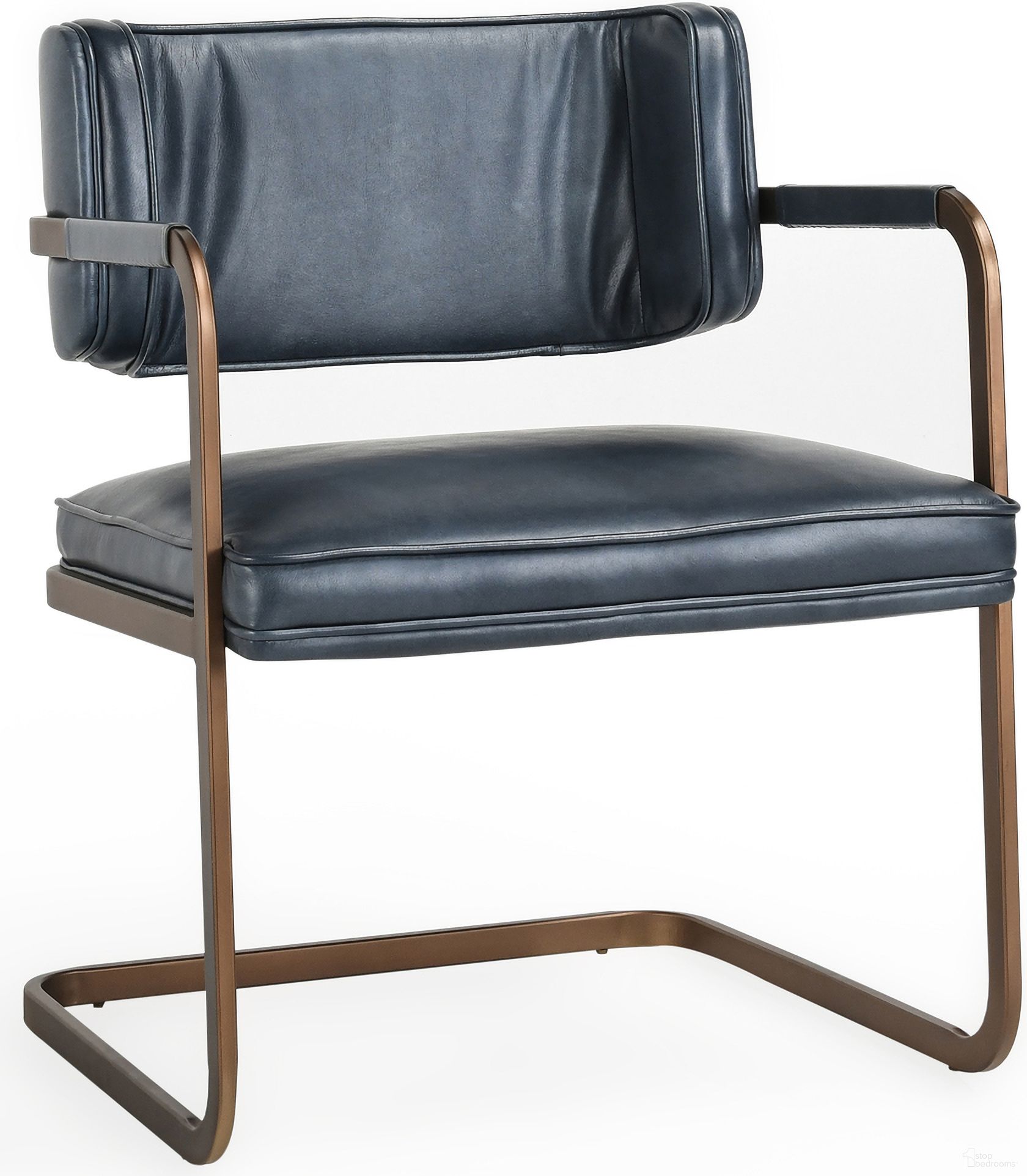 The appearance of Fonda Dining Chair In Blue designed by Classic Home in the transitional interior design. This blue piece of furniture  was selected by 1StopBedrooms from Fonda Collection to add a touch of cosiness and style into your home. Sku: 53004673. Material: Top Grain Leather. Chair Type: Arm Chair.