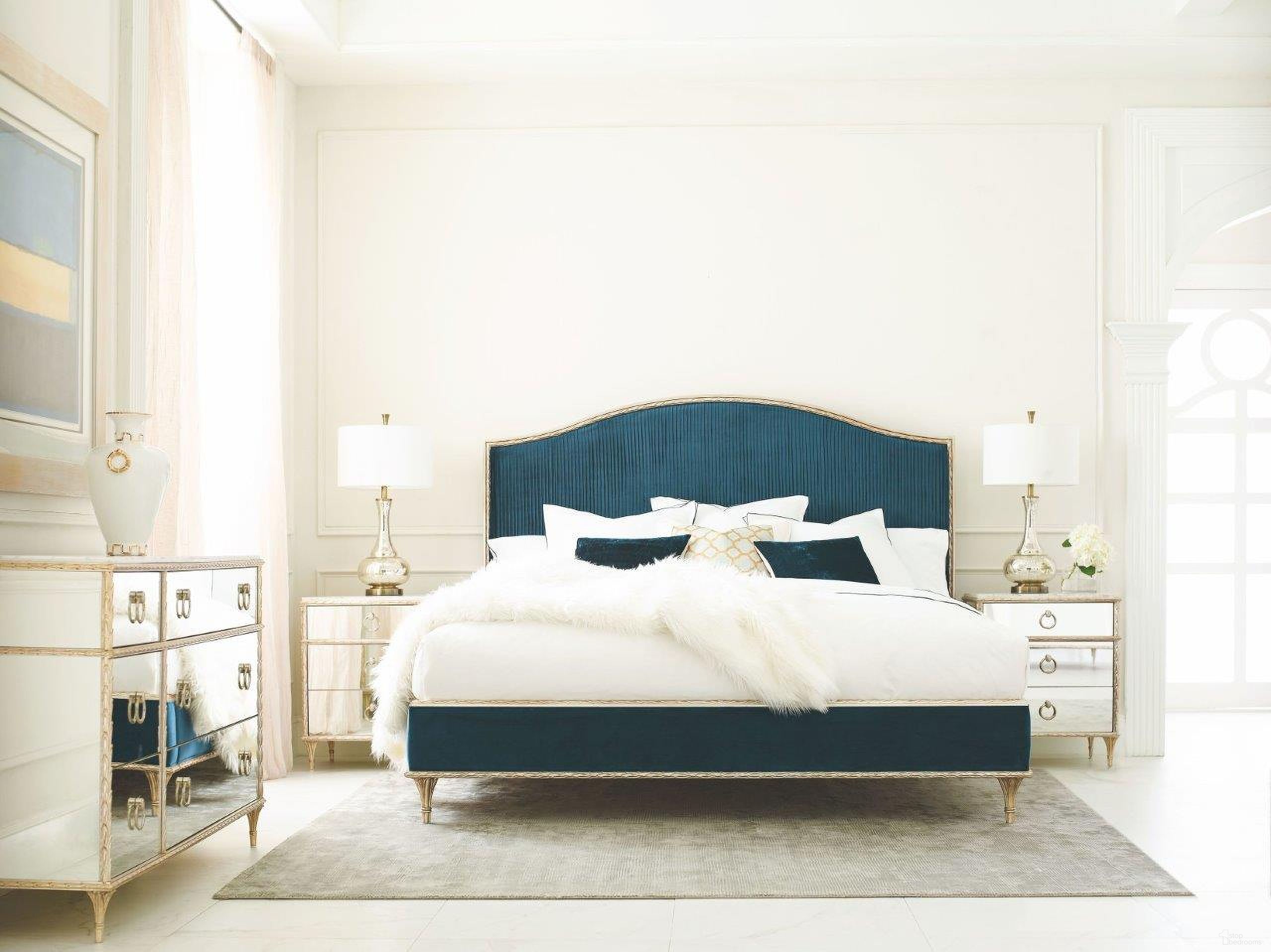 The appearance of Fontainebleau Aglow And Blue Upholstered Platform Bedroom Set designed by Caracole in the transitional interior design. This blue piece of furniture was selected by 1StopBedrooms from Fontainebleau Collection to add a touch of cosiness and style into your home. Sku: C063-419-102;C063-419-063. Bed Type: Platform Bed. Bed Size: Queen. Material: Aluminium.