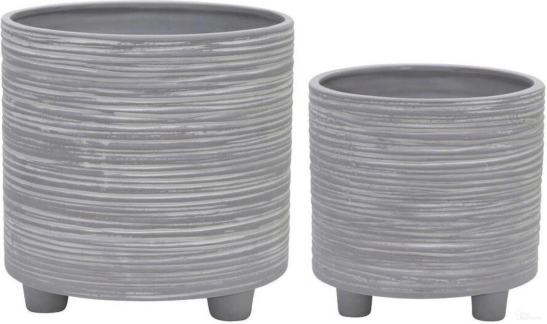 Footed Planter With Lines Set of 2 In Gray