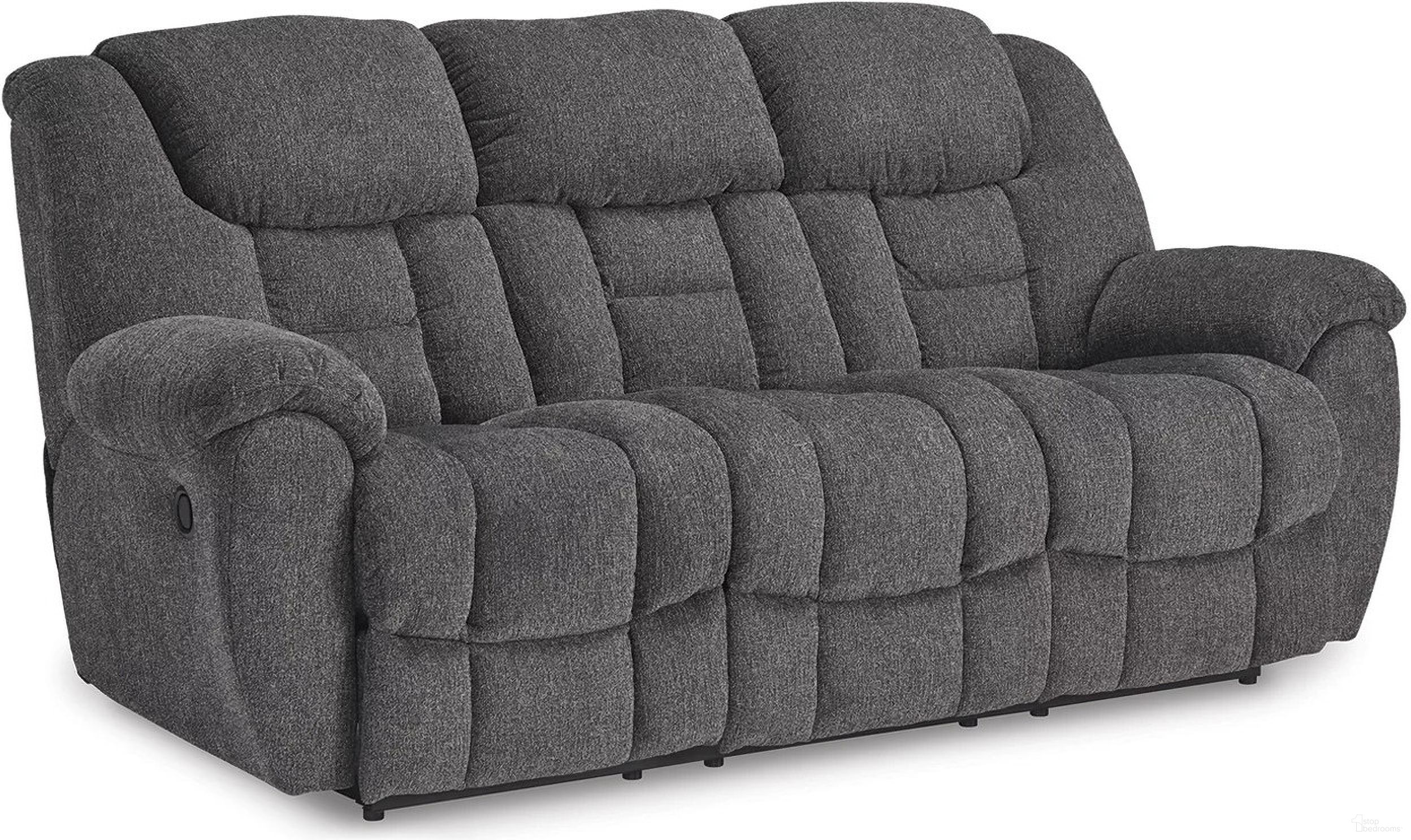 The appearance of Foreside Reclining Sofa In Charcoal designed by Signature Design by Ashley in the modern / contemporary interior design. This charcoal piece of furniture was selected by 1StopBedrooms from Foreside Collection to add a touch of cosiness and style into your home. Sku: 3810488. Material: Polyester.