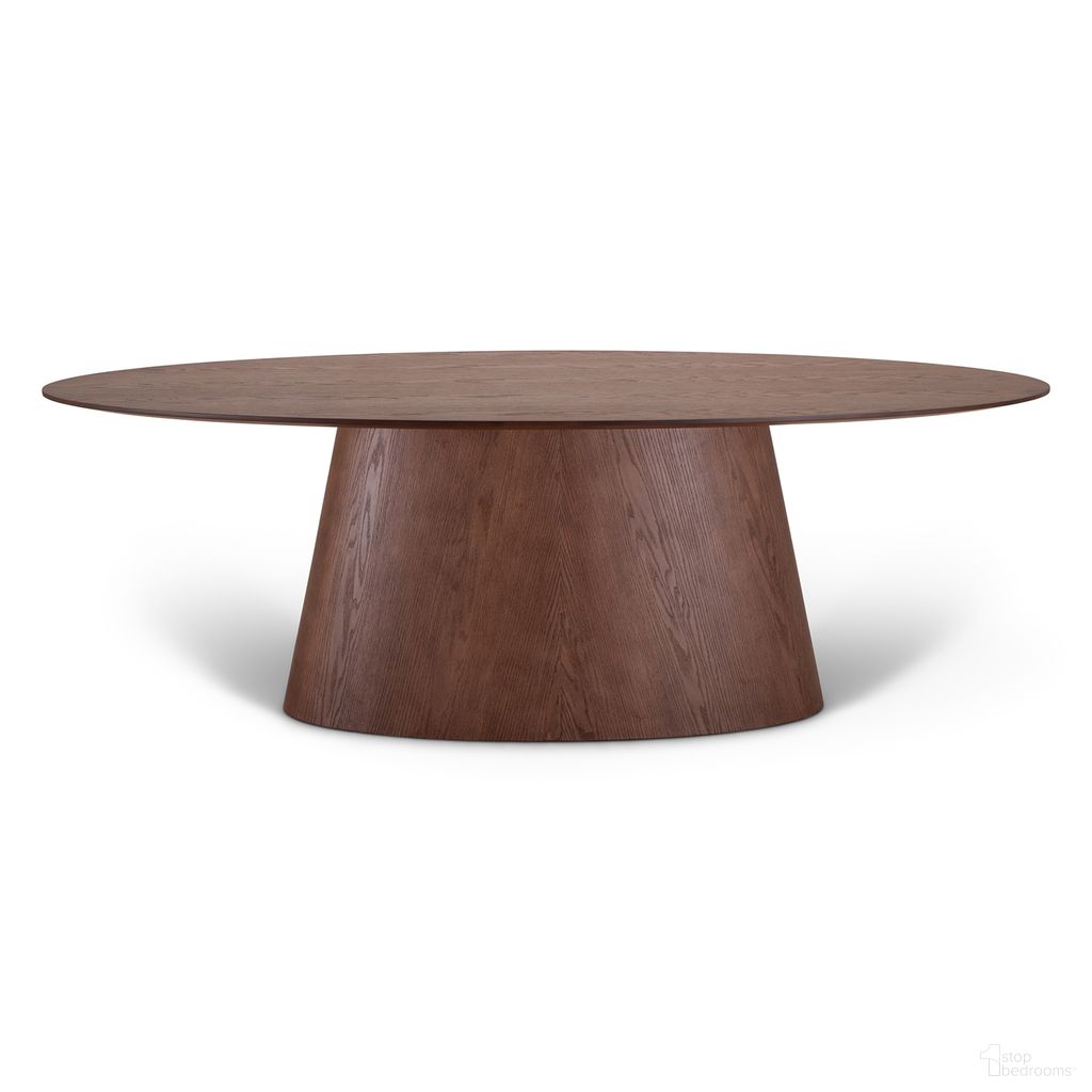 The appearance of Fortaleza 86 Inch Oval Dining Table In Nogal designed by Urbia in the modern / contemporary interior design. This nogal piece of furniture  was selected by 1StopBedrooms from Tonia Collection to add a touch of cosiness and style into your home. Sku: BSM-246632-08. Table Base Style: Pedestal. Table Top Shape: Oval. Size: 43" x 86". Material: Solid Wood.