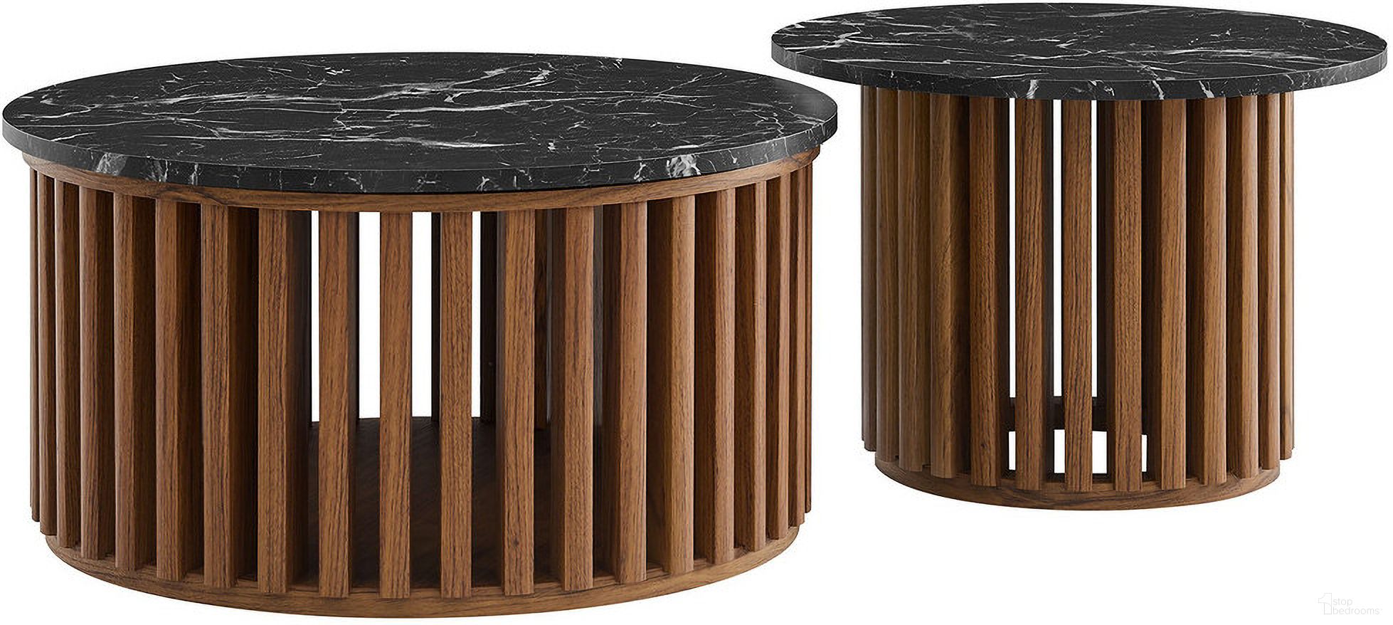 The appearance of Fortitude Round Faux Marble Top Nesting Coffee Table Set In Walnut Black designed by Modway in the modern / contemporary interior design. This walnut black piece of furniture  was selected by 1StopBedrooms from Fortitude Collection to add a touch of cosiness and style into your home. Sku: EEI-7345-WAL-BLK. Material: Faux Marble.