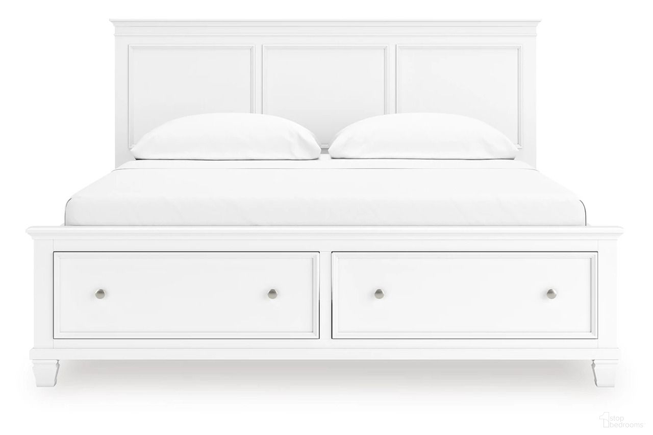 The appearance of Fortman California King Panel Storage Bed In White designed by Signature Design by Ashley in the transitional interior design. This white piece of furniture  was selected by 1StopBedrooms from Fortman Collection to add a touch of cosiness and style into your home. Sku: B680-56S;B680-58;B680-95. Bed Type: Storage Bed. Bed Size: California King.