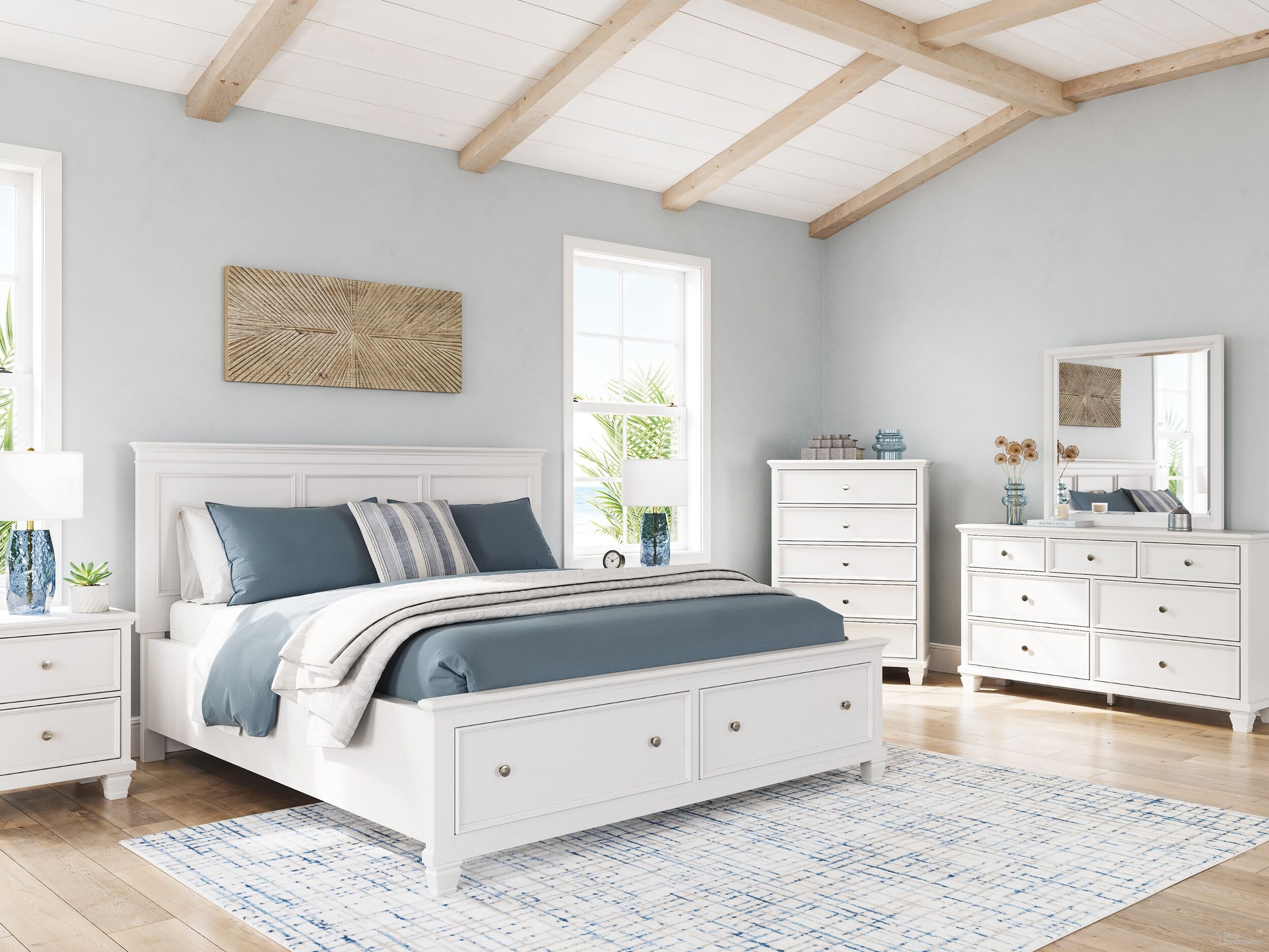 The appearance of Fortman Panel Storage Bedroom Set In White designed by Signature Design by Ashley in the transitional interior design. This white piece of furniture was selected by 1StopBedrooms from Fortman Collection to add a touch of cosiness and style into your home. Sku: B680-54S;B680-57;B680-99;B680-92. Material: Wood. Bed Size: California King.