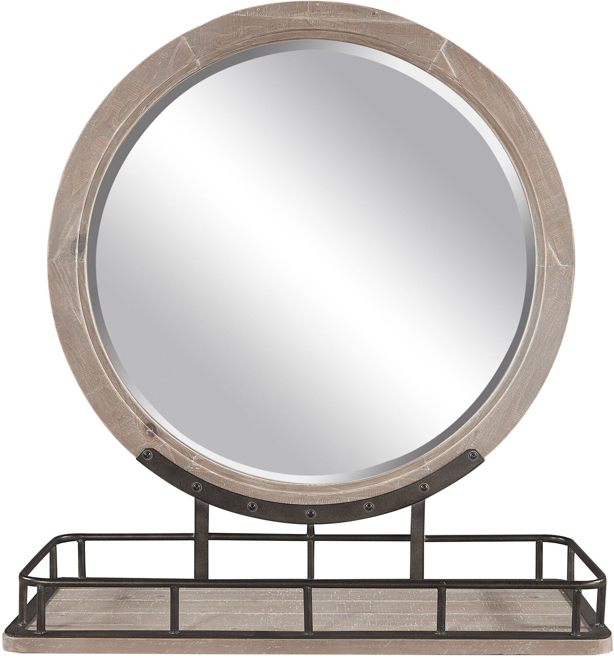 The appearance of Foundry Round Mirror with Metal Base In Weathered Stone designed by Aspenhome in the country / farmhouse interior design. This weathered stone piece of furniture was selected by 1StopBedrooms from Foundry Collection to add a touch of cosiness and style into your home. Sku: I349-464-WST. Material: Wood.