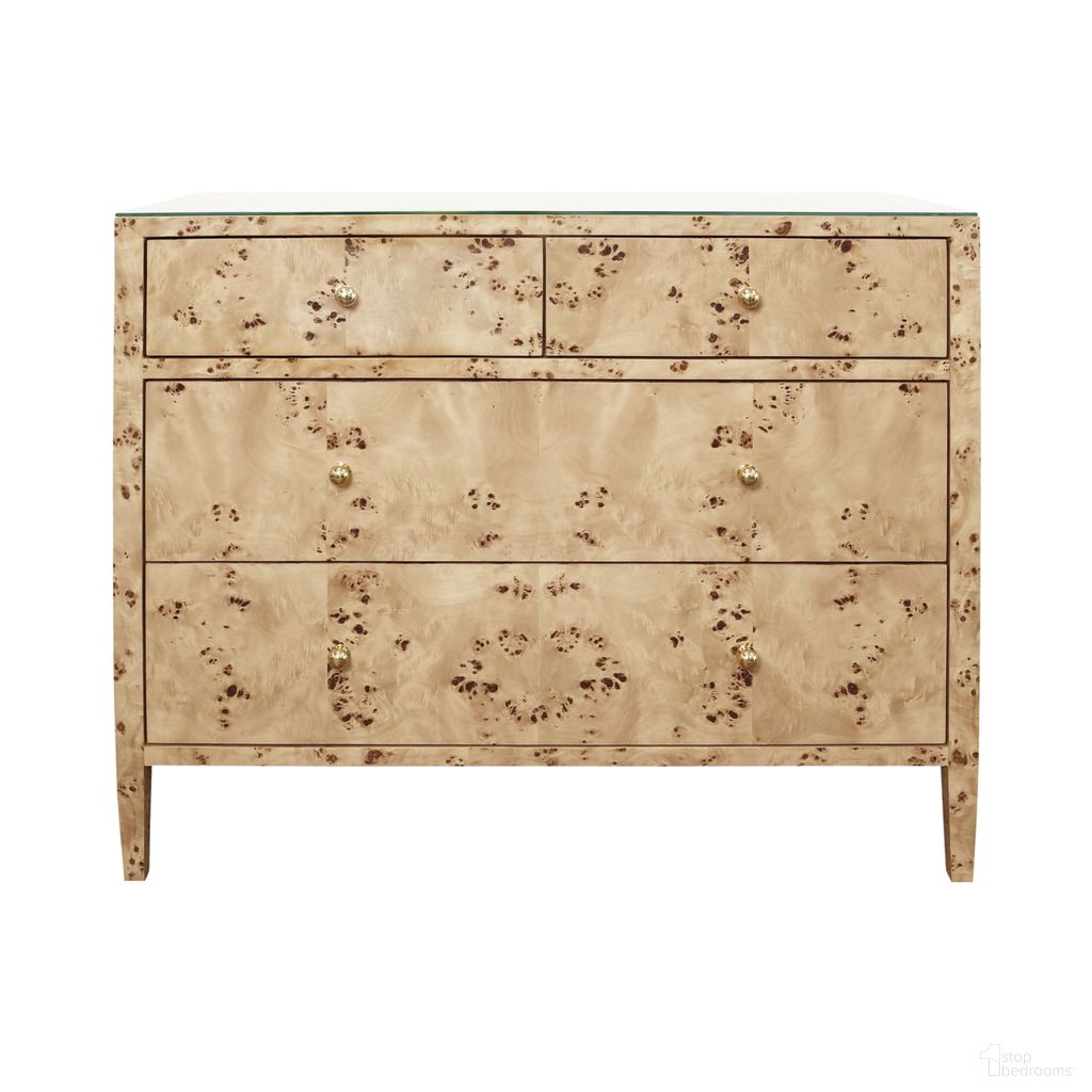 The appearance of Four Drawer Chest In Brown designed by Worlds Away in the modern / contemporary interior design. This brown piece of furniture  was selected by 1StopBedrooms from  to add a touch of cosiness and style into your home. Sku: MICHELLE BW. Material: Glass.