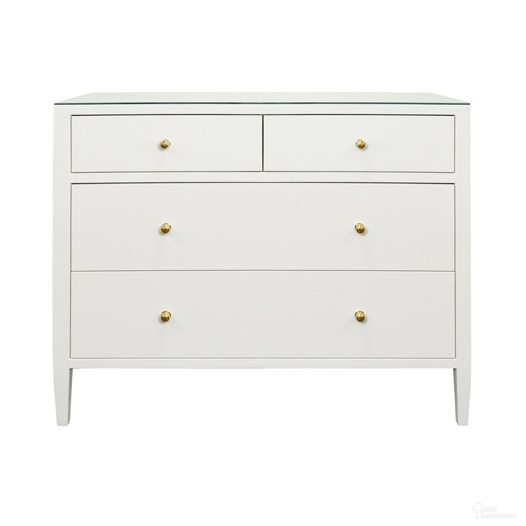 The appearance of Four Drawer Chest In White designed by Worlds Away in the modern / contemporary interior design. This white piece of furniture  was selected by 1StopBedrooms from  to add a touch of cosiness and style into your home. Sku: MICHELLE WH. Material: Glass.