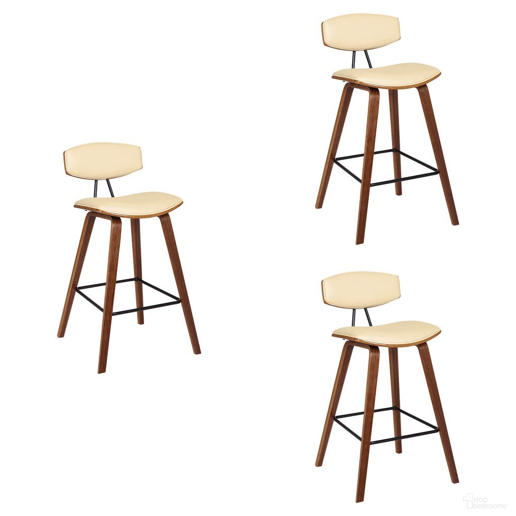 The appearance of Fox 25.5 Inch Counter Height Bar Stool Set of 3 In Cream and Walnut designed by Armen Living in the transitional interior design. This cream/walnut piece of furniture was selected by 1StopBedrooms from Fox Collection to add a touch of cosiness and style into your home. Sku: LCFOBAWACR26;LCFOBAWACR26;LCFOBAWACR26. Material: Faux Leather.