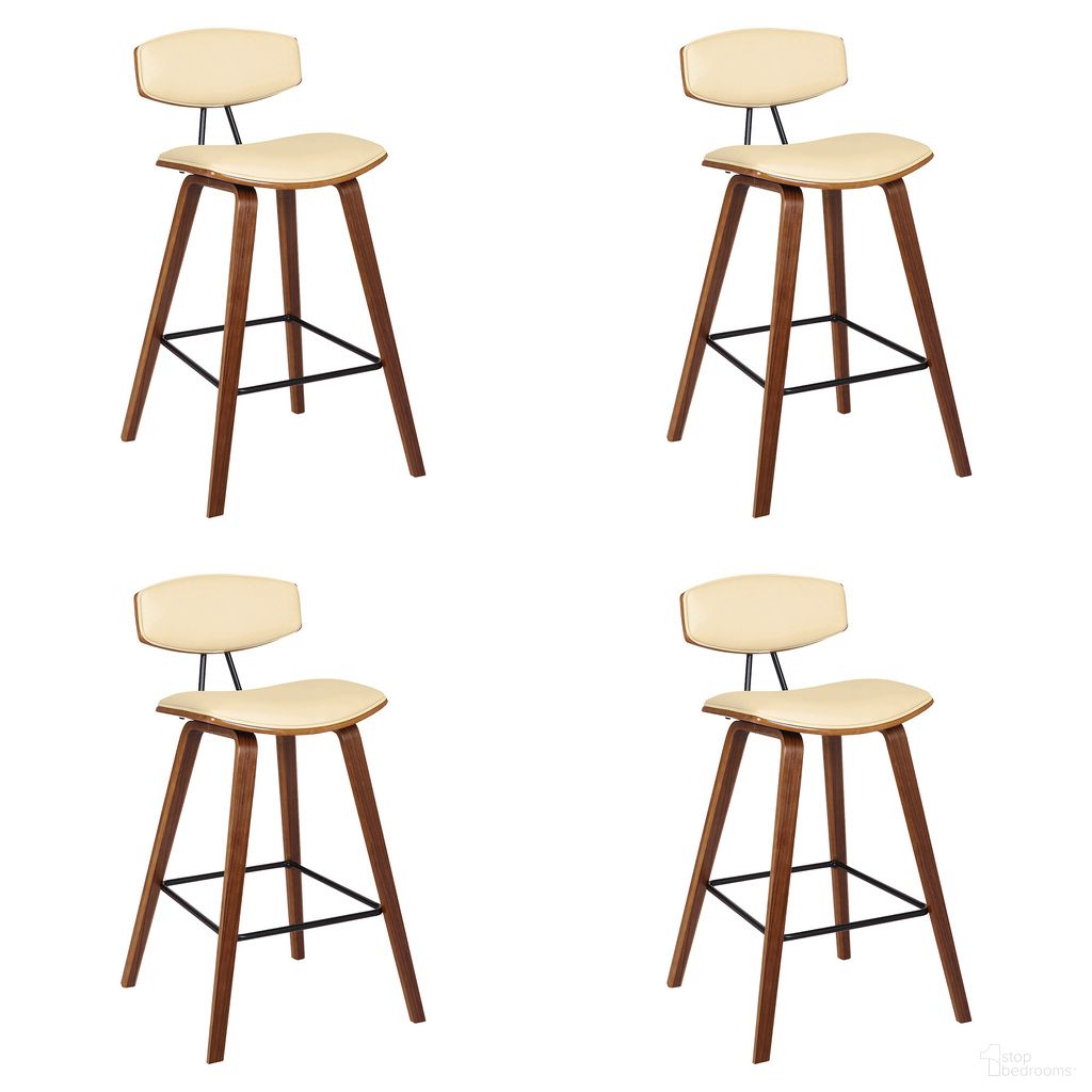 The appearance of Fox 25.5 Inch Counter Height Bar Stool Set of 4 In Cream and Walnut designed by Armen Living in the transitional interior design. This cream/walnut piece of furniture was selected by 1StopBedrooms from Fox Collection to add a touch of cosiness and style into your home. Sku: LCFOBAWACR26;LCFOBAWACR26;LCFOBAWACR26;LCFOBAWACR26. Material: Faux Leather.