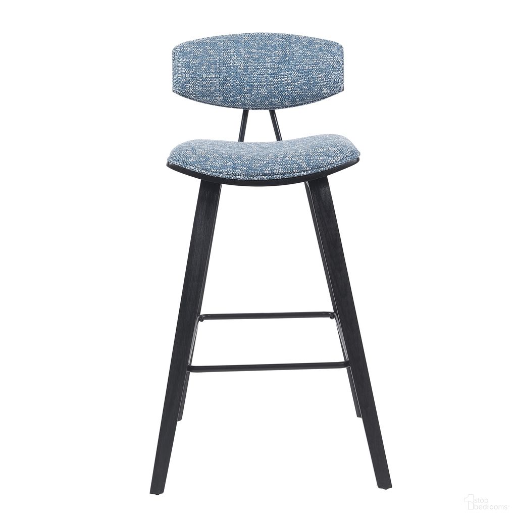 Fox Swivel Bar Height Stool with Upholstered Seat and Brushed Wood Frame In Blue and Black
