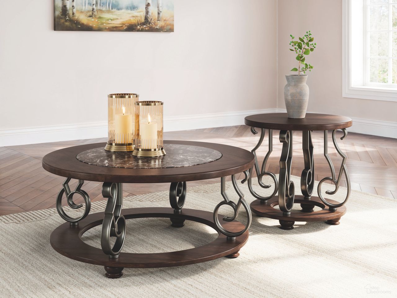 The appearance of Frallyn Occasional Table Set In Dark Brown designed by Signature Design by Ashley in the traditional interior design. This dark brown piece of furniture  was selected by 1StopBedrooms from Frallyn Collection to add a touch of cosiness and style into your home. Sku: T623-8;T623-6. Material: Marble.