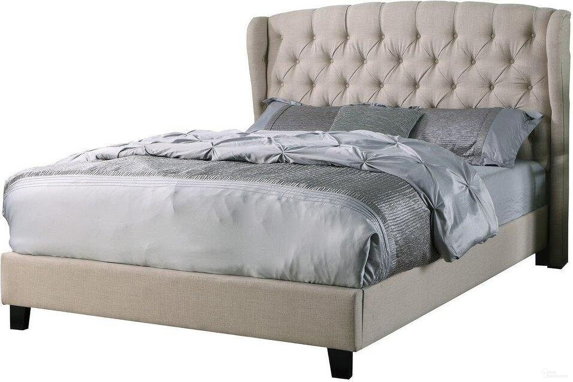 Frances Solid Wood And Fabric Upholstery Queen Platform Bed In Beige by