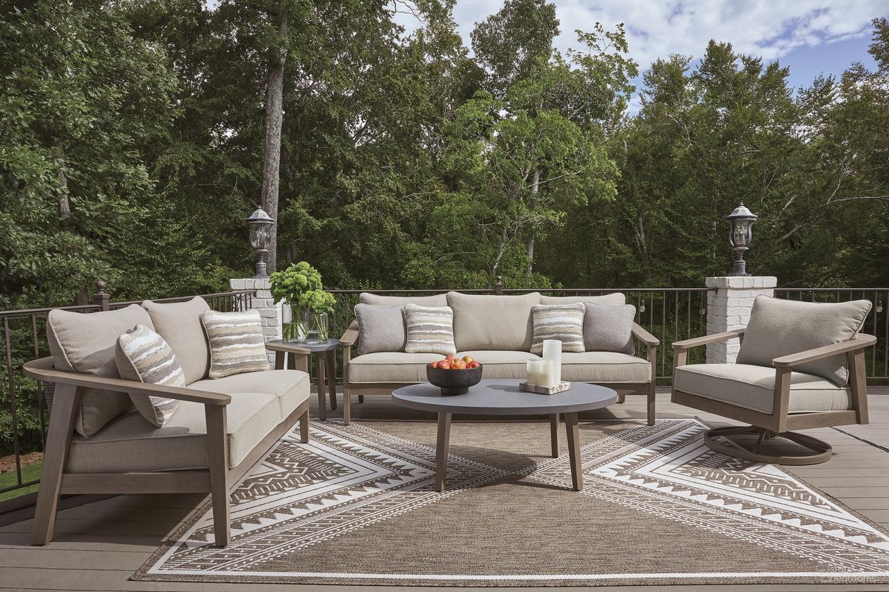 The appearance of Francis Beach Outdoor Living Room Set with Cushion In Natural and Gray designed by Signature Design by Ashley in the modern / contemporary interior design. This natural/gray piece of furniture was selected by 1StopBedrooms from Francis Beach Collection to add a touch of cosiness and style into your home. Sku: P428-838;P428-835;P428-821. Material: Fabric.