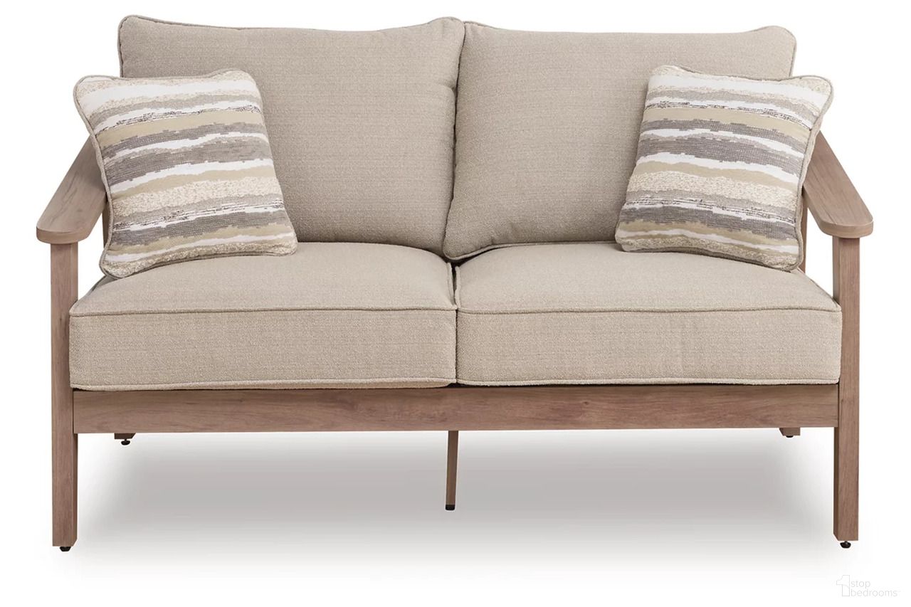 The appearance of Francis Beach Outdoor Loveseat with Cushion In Natural and Gray designed by Signature Design by Ashley in the modern / contemporary interior design. This natural/gray piece of furniture was selected by 1StopBedrooms from Francis Beach Collection to add a touch of cosiness and style into your home. Sku: P428-835. Material: Fabric.