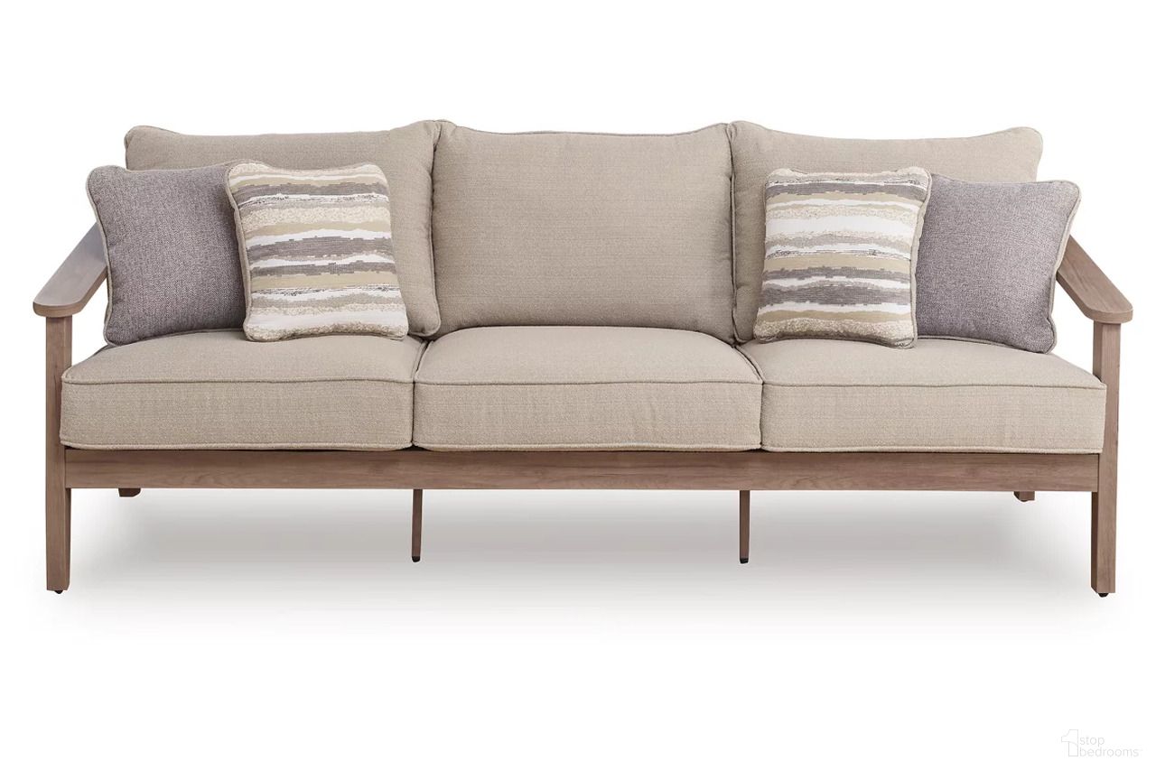 The appearance of Francis Beach Outdoor Sofa with Cushion In Natural and Gray designed by Signature Design by Ashley in the modern / contemporary interior design. This natural/gray piece of furniture was selected by 1StopBedrooms from Francis Beach Collection to add a touch of cosiness and style into your home. Sku: P428-838. Material: Fabric.
