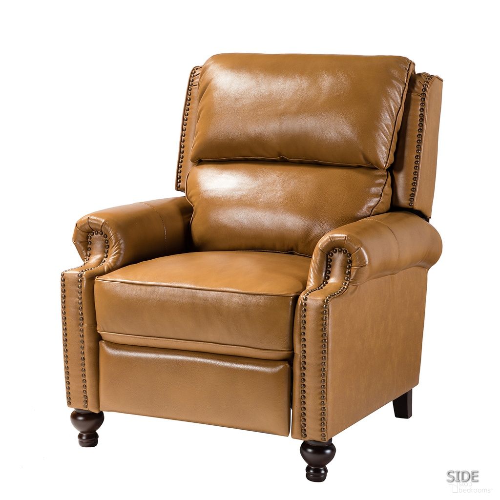 The appearance of Franco Genuine Leather Recliner In Camel designed by Karat Home in the modern / contemporary interior design. This camel piece of furniture was selected by 1StopBedrooms from Franco Collection to add a touch of cosiness and style into your home. Sku: RCLB0171-CAMEL. Material: Genuine Leather.